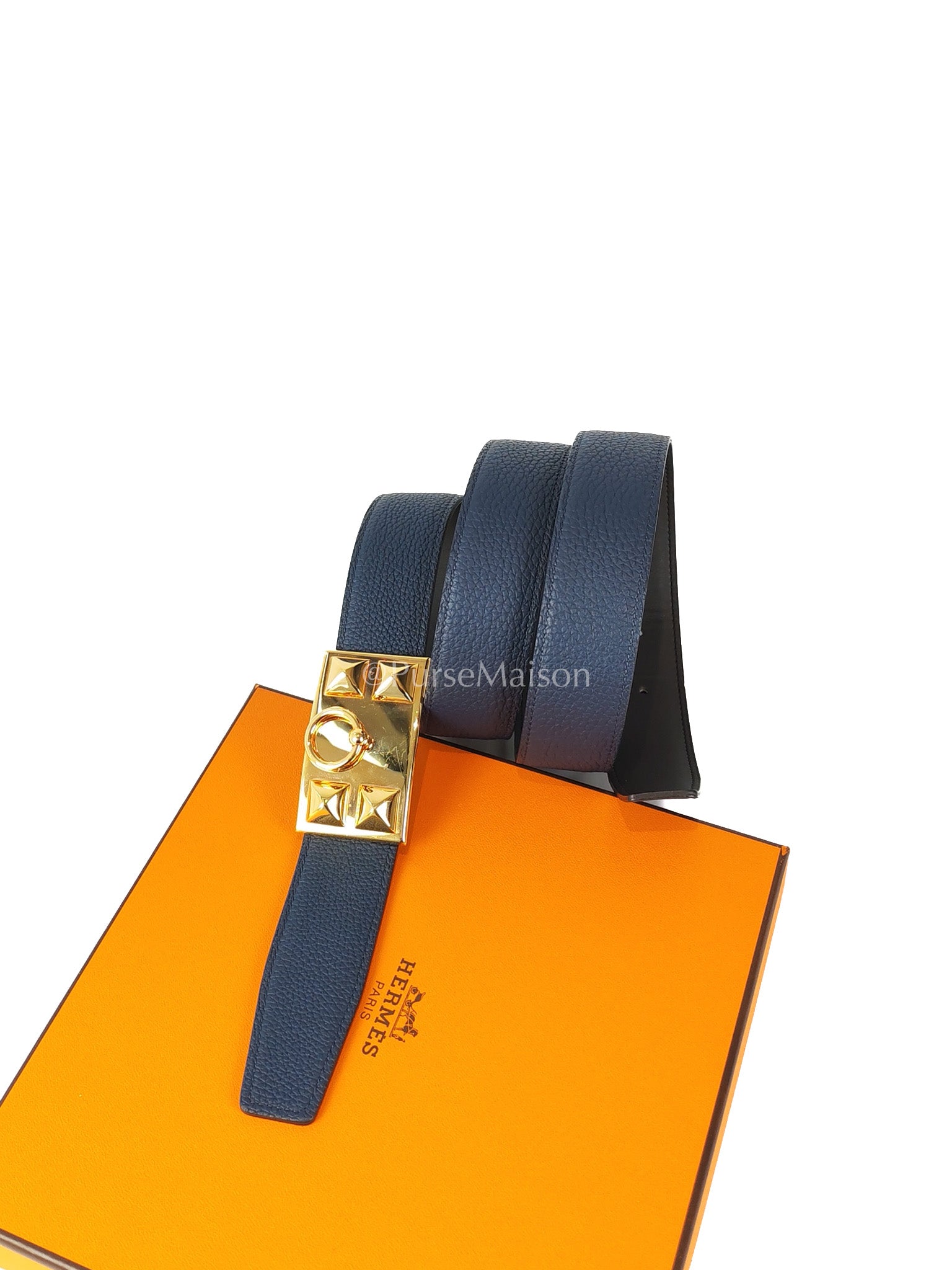 Collier de Chien (CDG) Belt In Bleu Saphir/ Dark Brown and Gold Hardware Reversible Belt Size 90 Stamp T (2015) | Purse Maison Luxury Bags Shop