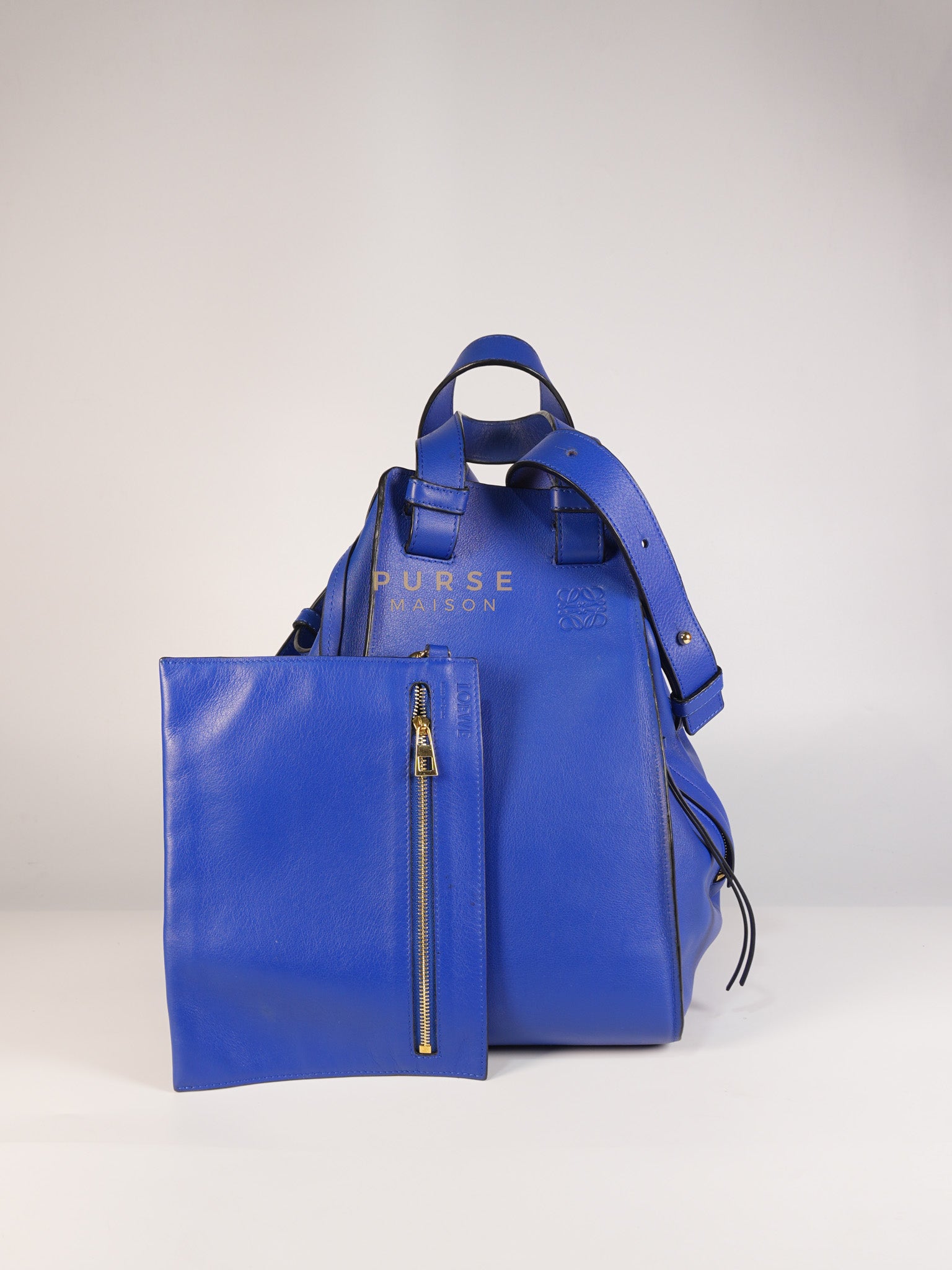 Compact Hammock Bag Large in Blue Calfskin Leather Gold Hardware | Purse Maison Luxury Bags Shop