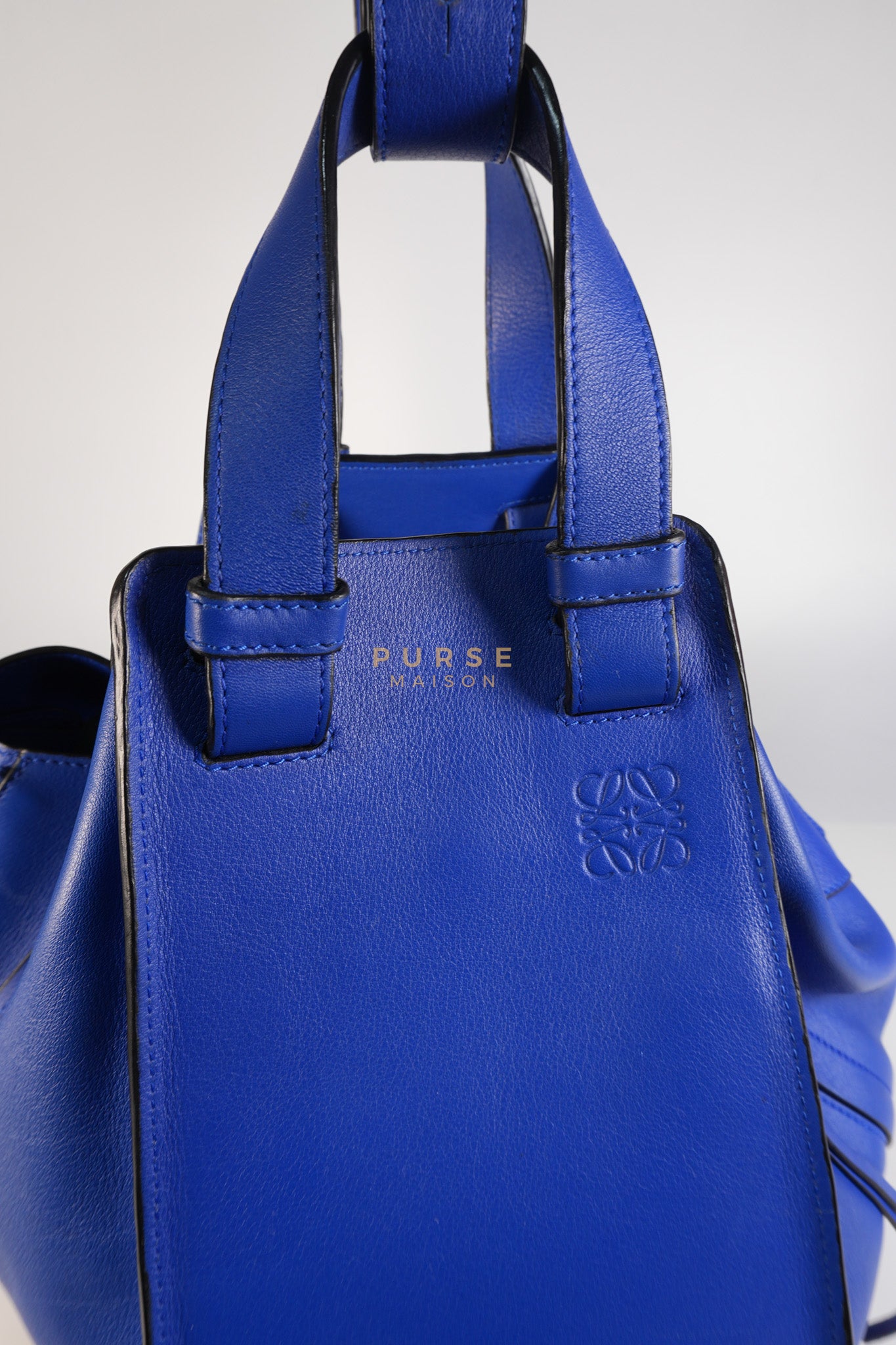 Compact Hammock Bag Large in Blue Calfskin Leather Gold Hardware | Purse Maison Luxury Bags Shop