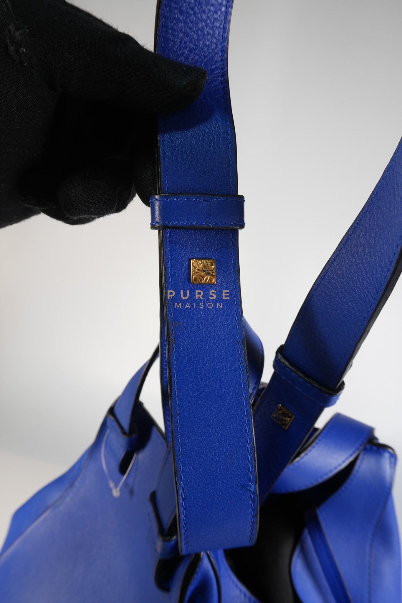 Compact Hammock Bag Large in Blue Calfskin Leather Gold Hardware | Purse Maison Luxury Bags Shop