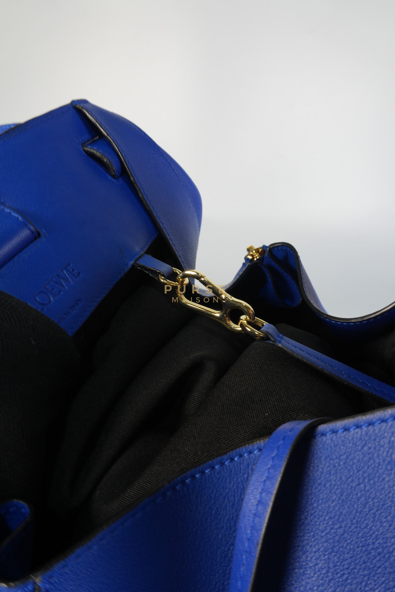Compact Hammock Bag Large in Blue Calfskin Leather Gold Hardware | Purse Maison Luxury Bags Shop
