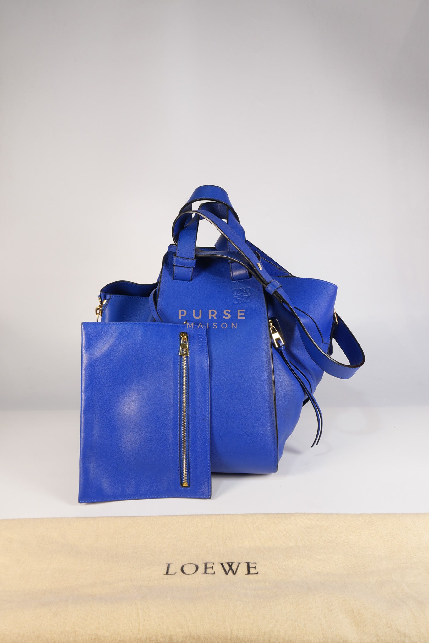 Compact Hammock Bag Large in Blue Calfskin Leather Gold Hardware | Purse Maison Luxury Bags Shop