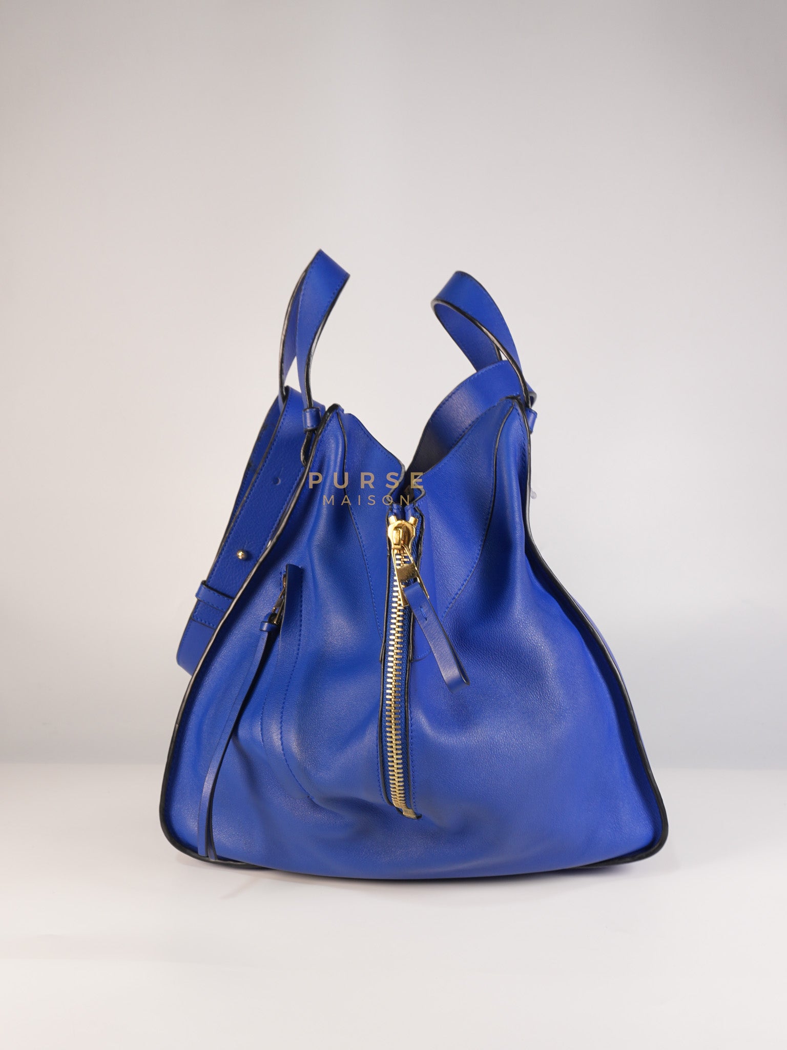 Compact Hammock Bag Large in Blue Calfskin Leather Gold Hardware | Purse Maison Luxury Bags Shop