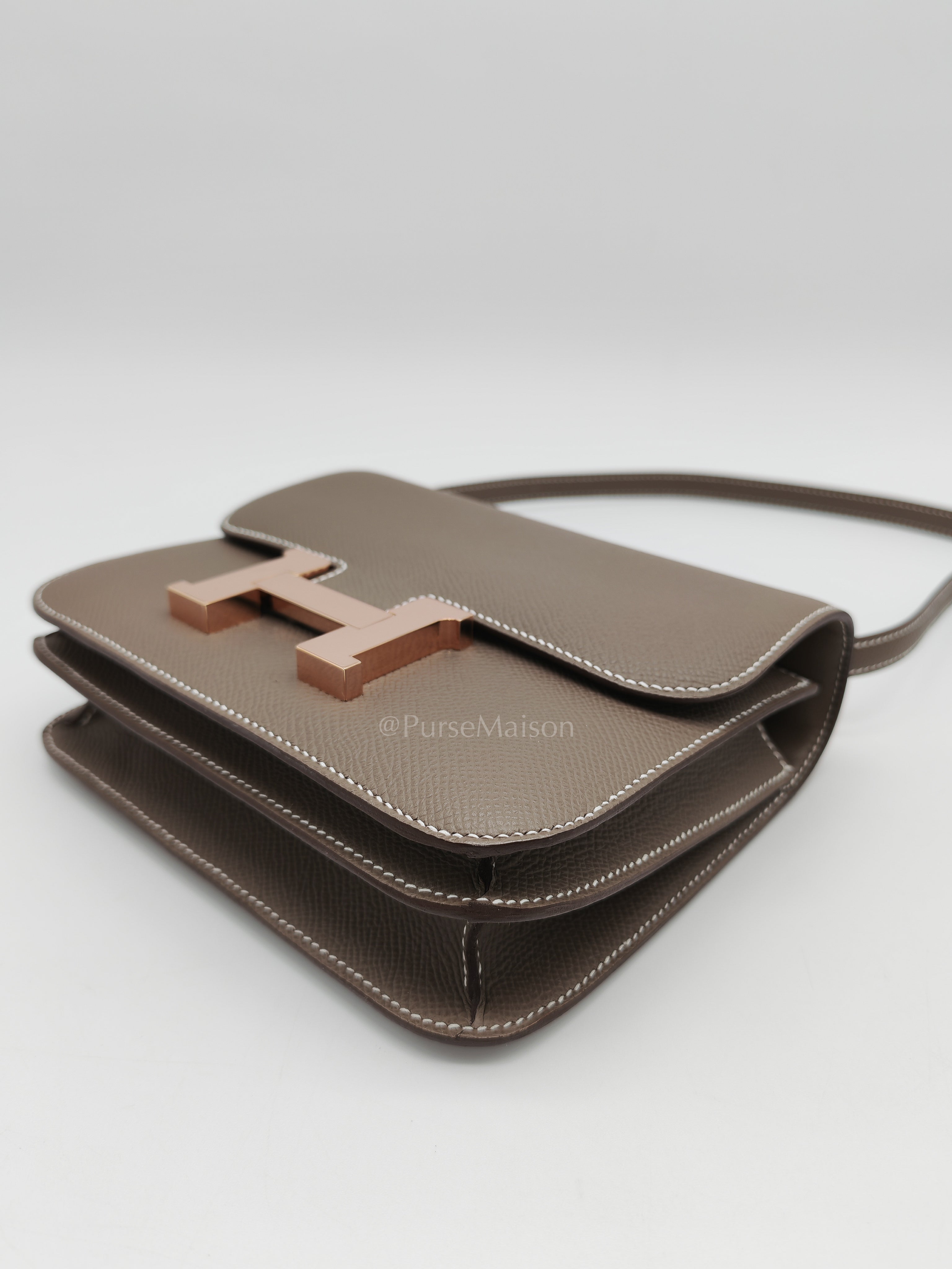 Constance 18 in Etoupe Epsom Leather and Rose Gold Hardware Stamp B (2023) | Purse Maison Luxury Bags Shop