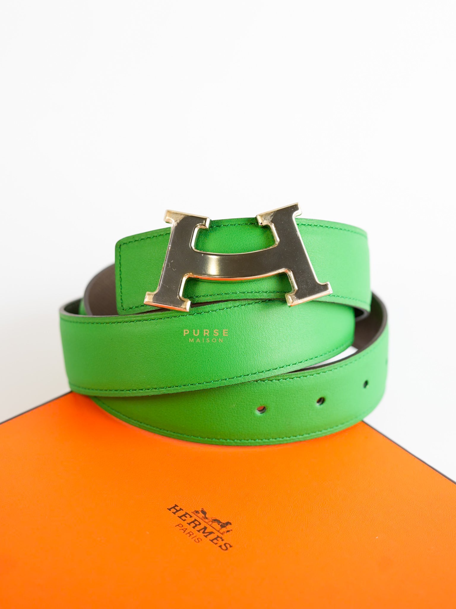 Constance Belt with Smile H Palladium Buckle & Reversible Leather Strap (Etoupe/Vert) (85) | Purse Maison Luxury Bags Shop