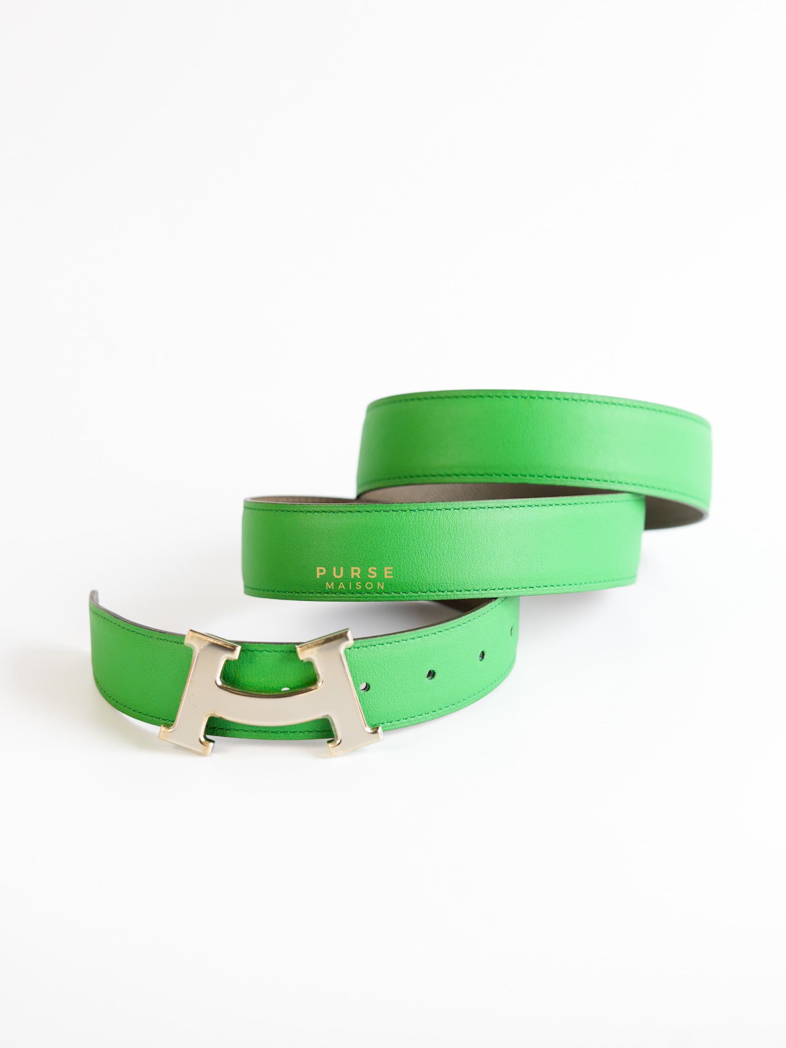 Constance Belt with Smile H Palladium Buckle & Reversible Leather Strap (Etoupe/Vert) (85) | Purse Maison Luxury Bags Shop