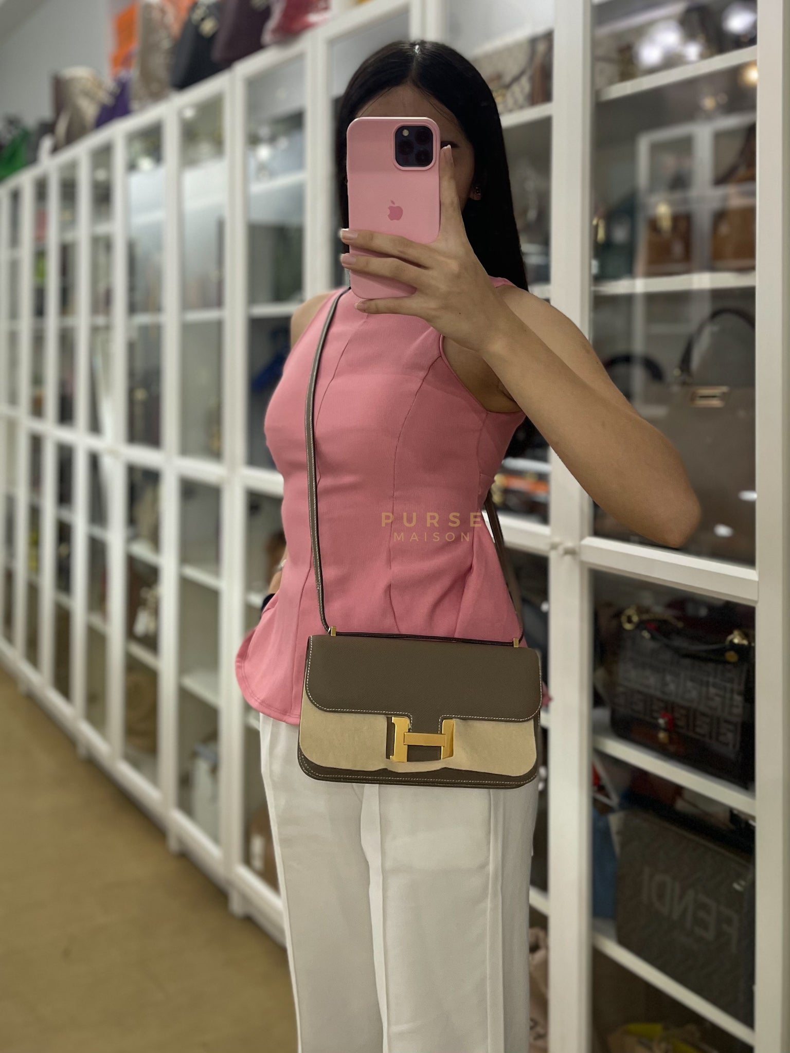 Constance Elan Etoupe In Epsom Leather and Gold Hardware Stamp W (2024) | Purse Maison Luxury Bags Shop