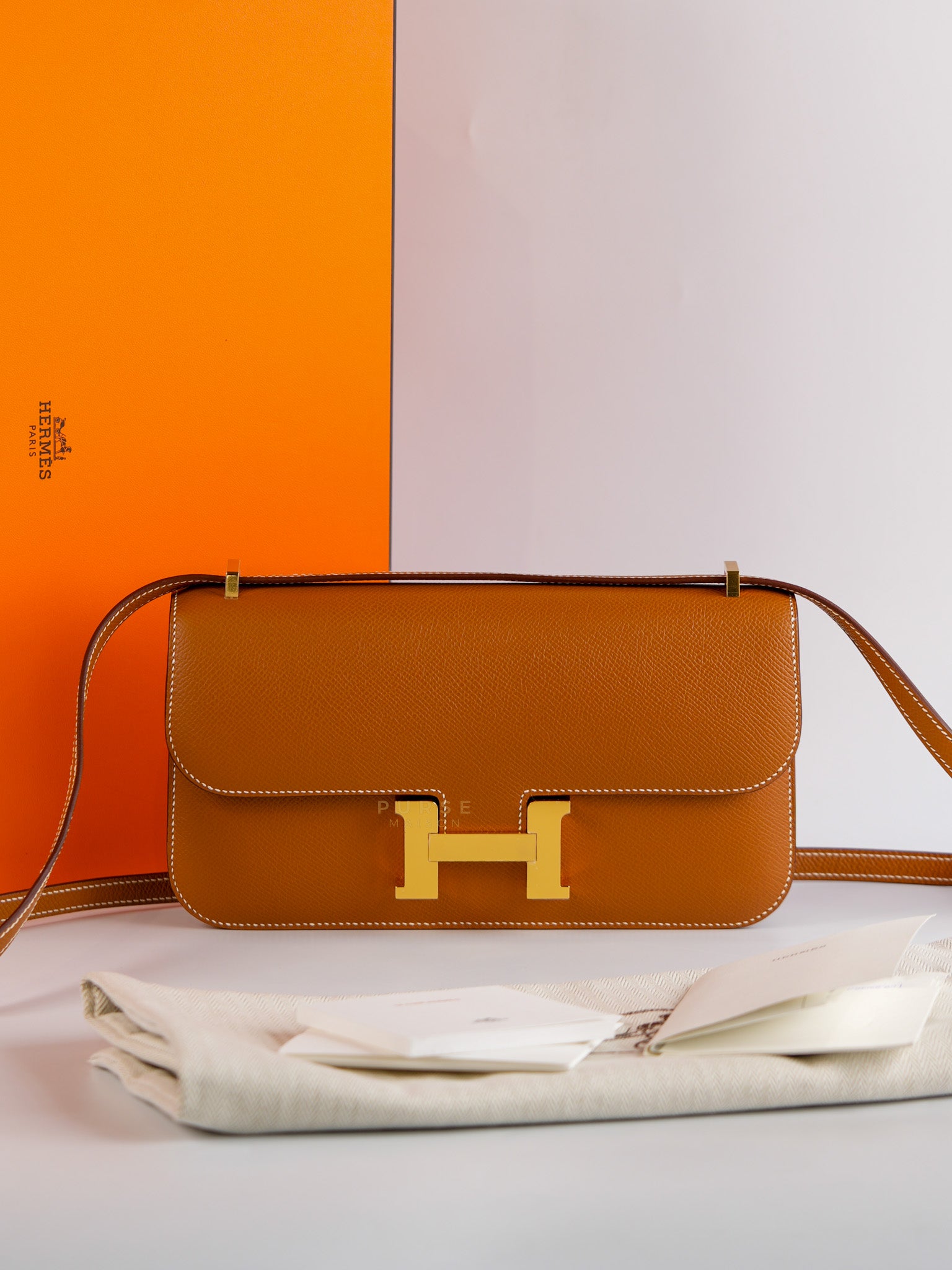 Constance Elan in Gold Epsom Leather with Gold Hardware Stamp K(2025) | Purse Maison Luxury Bags Shop
