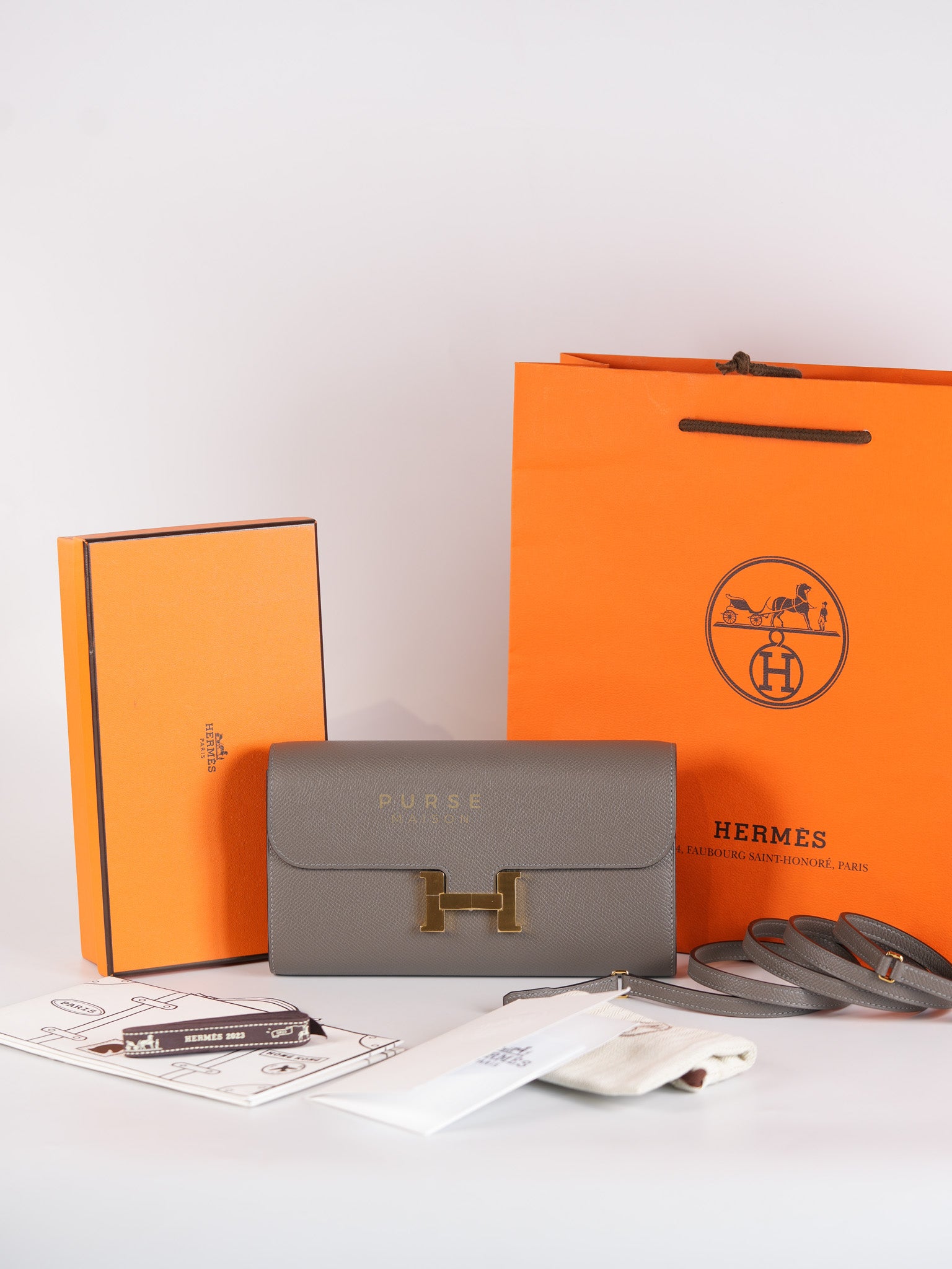 Constance To Go Gris Meyer Epsom Leather in Gold Hardware Stamp U (2022) | Purse Maison Luxury Bags Shop