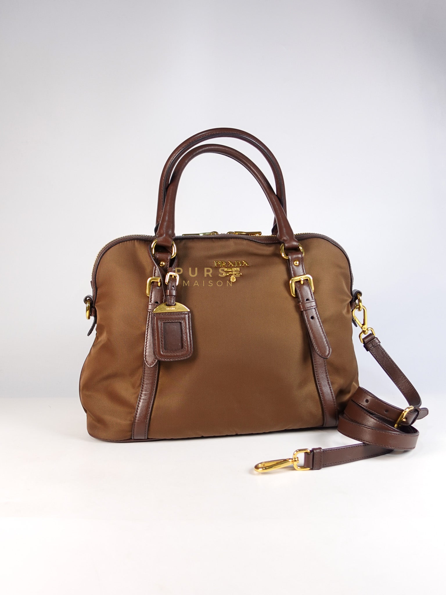 Corinto Tessuto Bag in Dark Brown Nylon/Saffiano Leather & Gold Hardware | Purse Maison Luxury Bags Shop