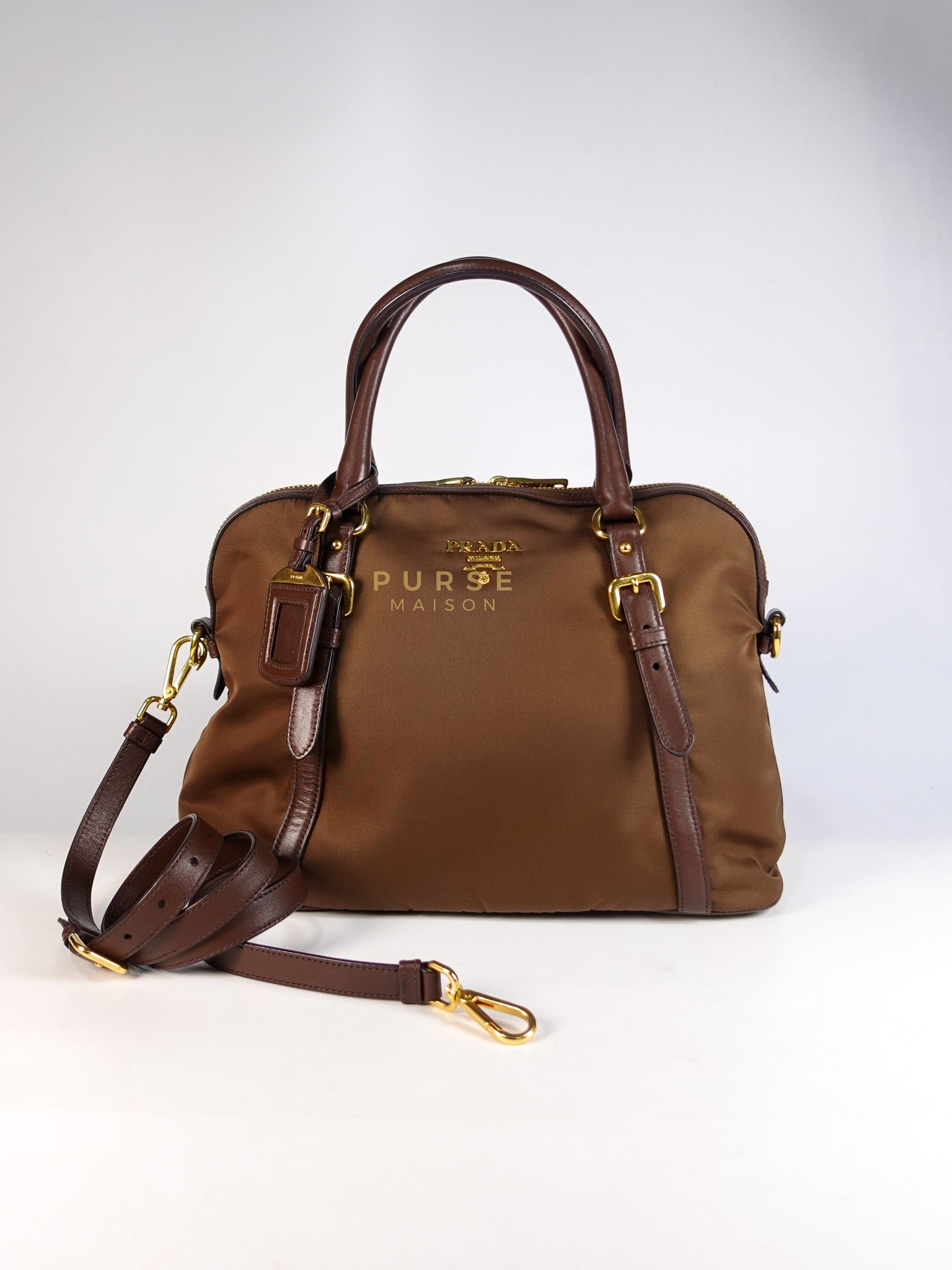 Corinto Tessuto Bag in Dark Brown Nylon/Saffiano Leather & Gold Hardware | Purse Maison Luxury Bags Shop
