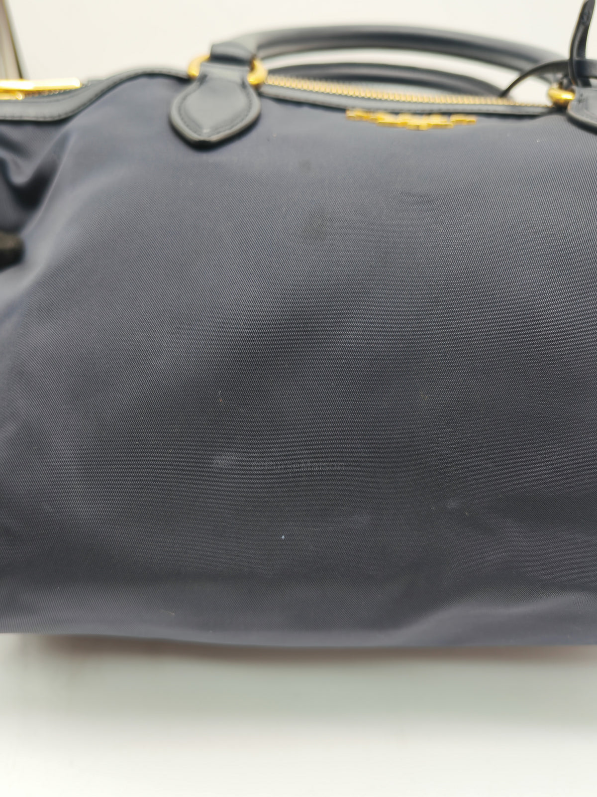 Prada 1BA104 Two-way Bag in Navy Blue Tessuto Nylon & Calfskin Leather Gold Hardware