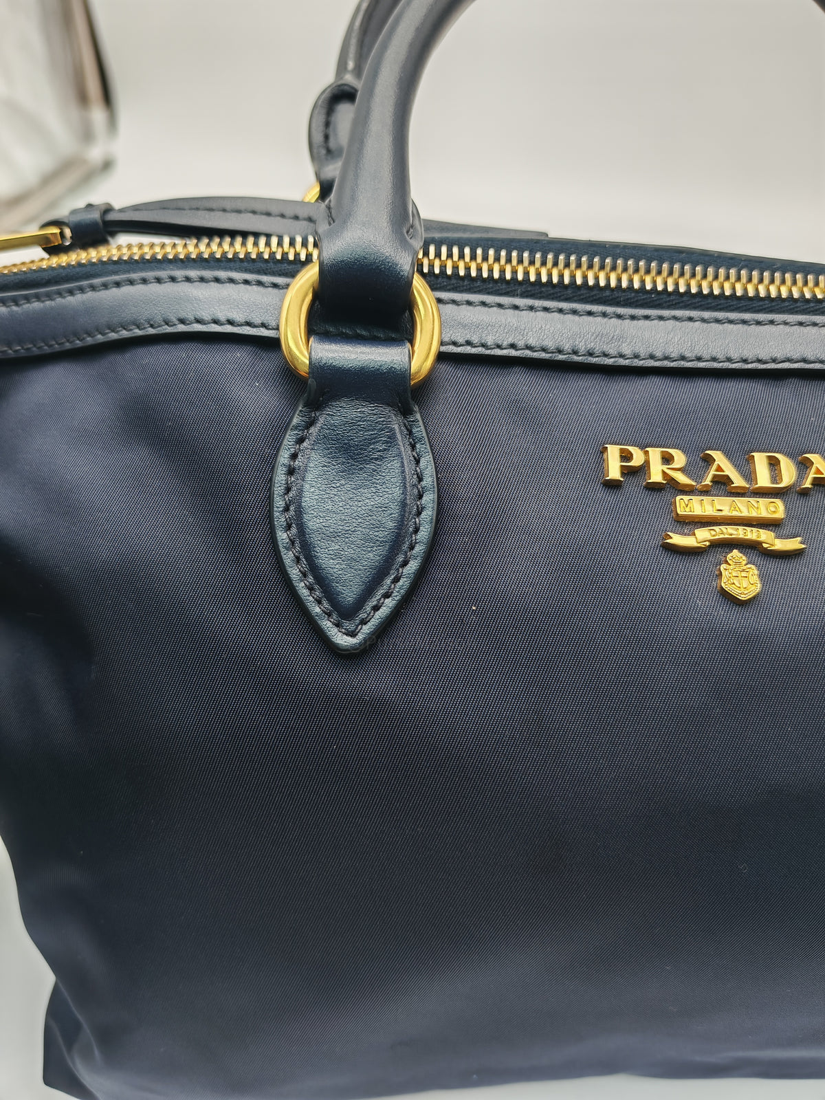 Prada 1BA104 Two-way Bag in Navy Blue Tessuto Nylon & Calfskin Leather Gold Hardware
