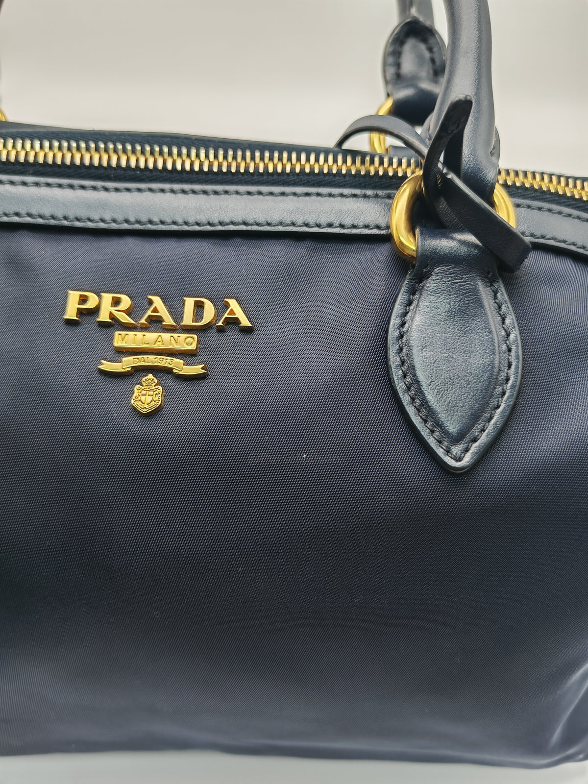 Prada 1BA104 Two-way Bag in Navy Blue Tessuto Nylon & Calfskin Leather Gold Hardware
