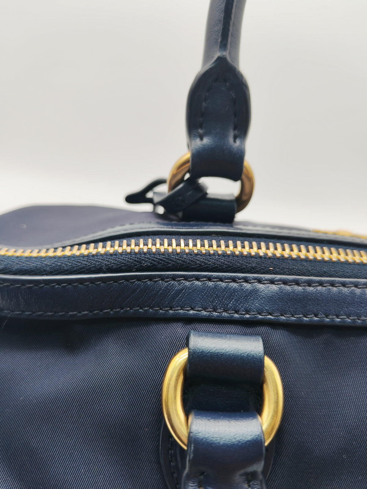 Prada 1BA104 Two-way Bag in Navy Blue Tessuto Nylon & Calfskin Leather Gold Hardware