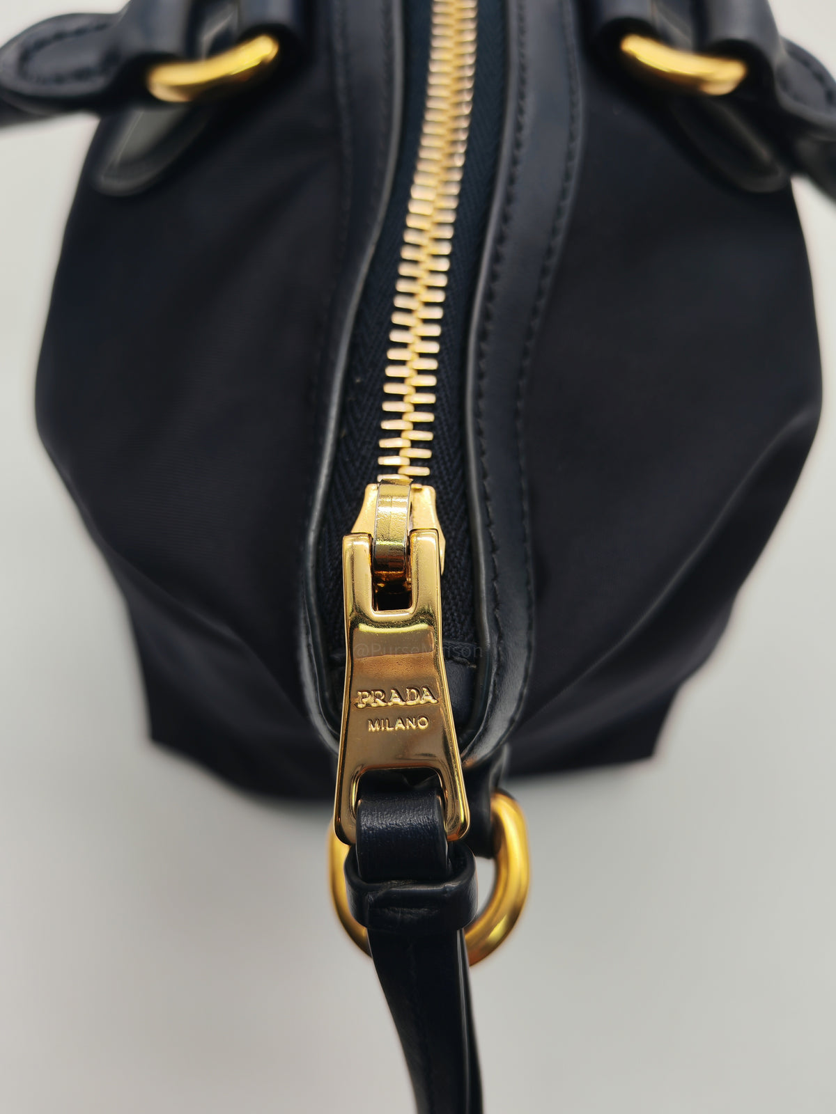 Prada 1BA104 Two-way Bag in Navy Blue Tessuto Nylon & Calfskin Leather Gold Hardware