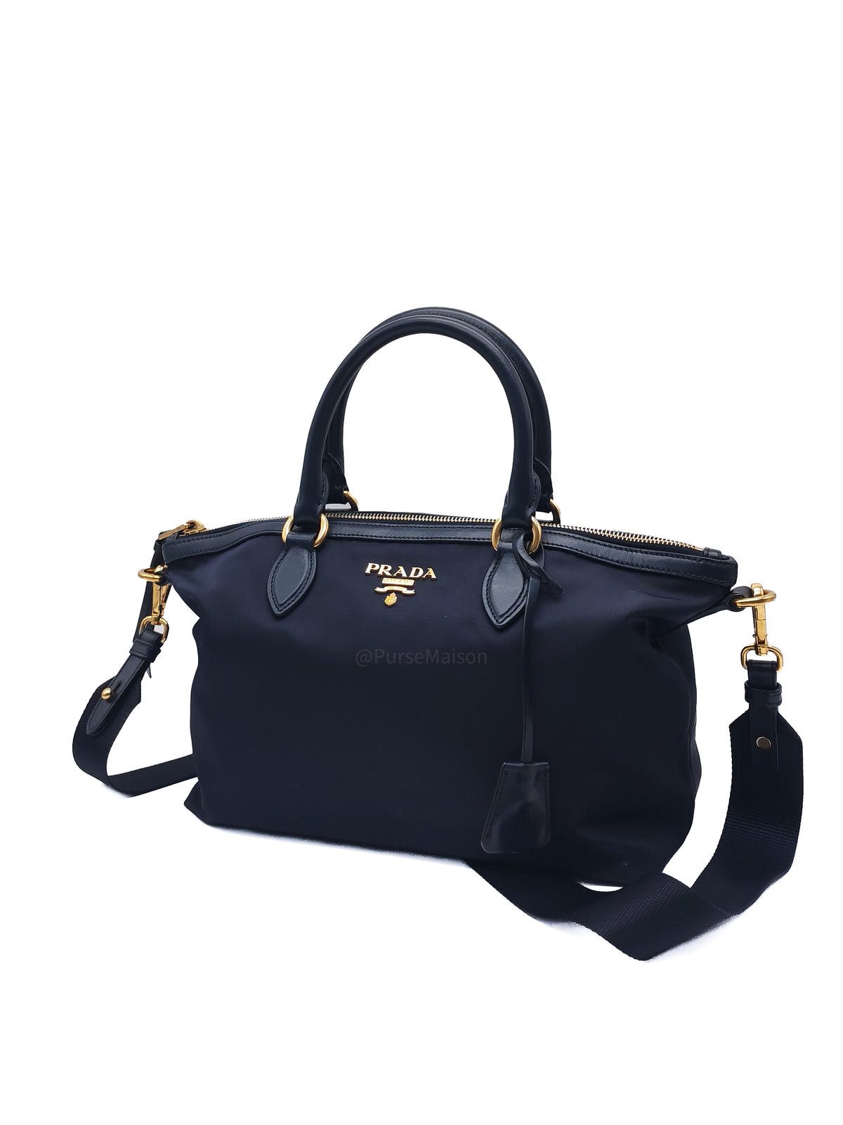 Prada 1BA104 Two-way Bag in Navy Blue Tessuto Nylon & Calfskin Leather Gold Hardware