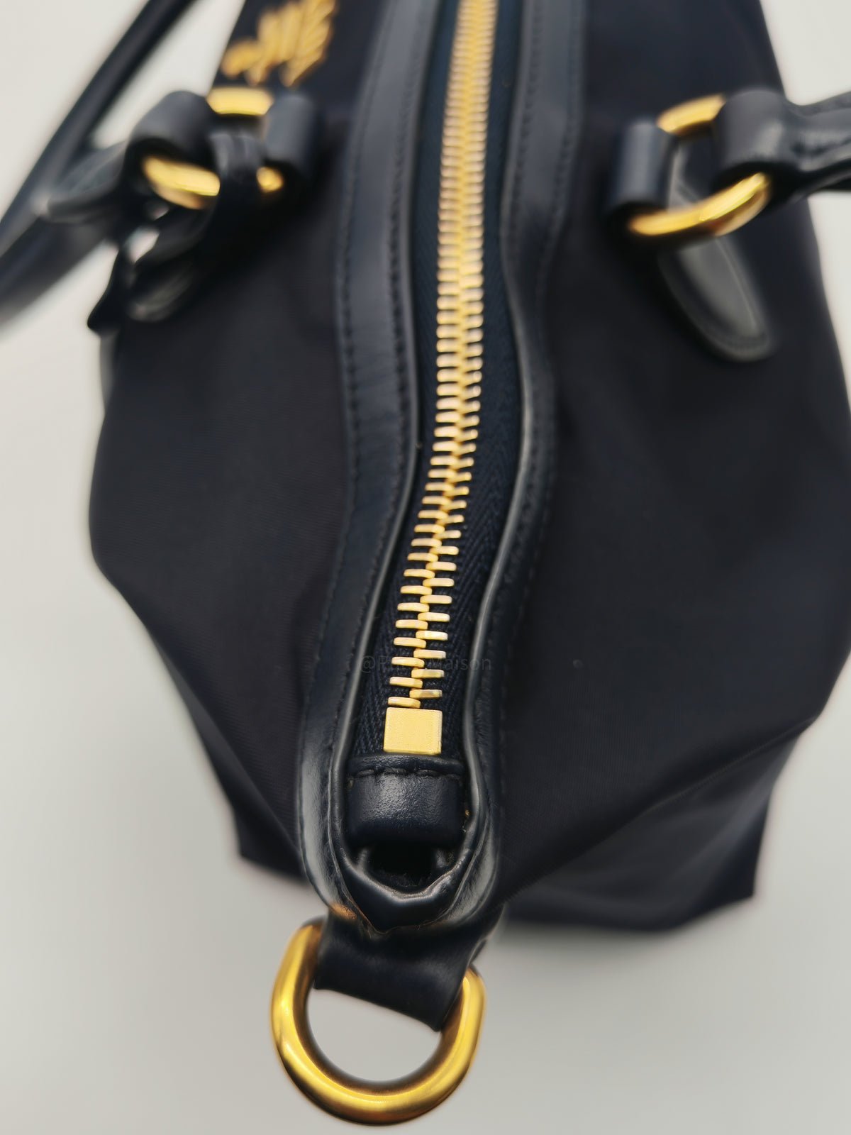 Prada 1BA104 Two-way Bag in Navy Blue Tessuto Nylon & Calfskin Leather Gold Hardware