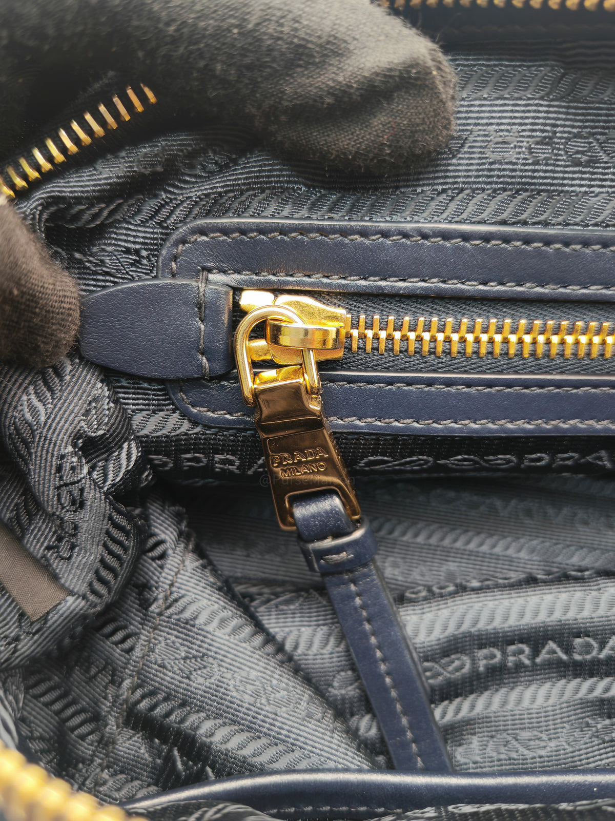 Prada 1BA104 Two-way Bag in Navy Blue Tessuto Nylon & Calfskin Leather Gold Hardware