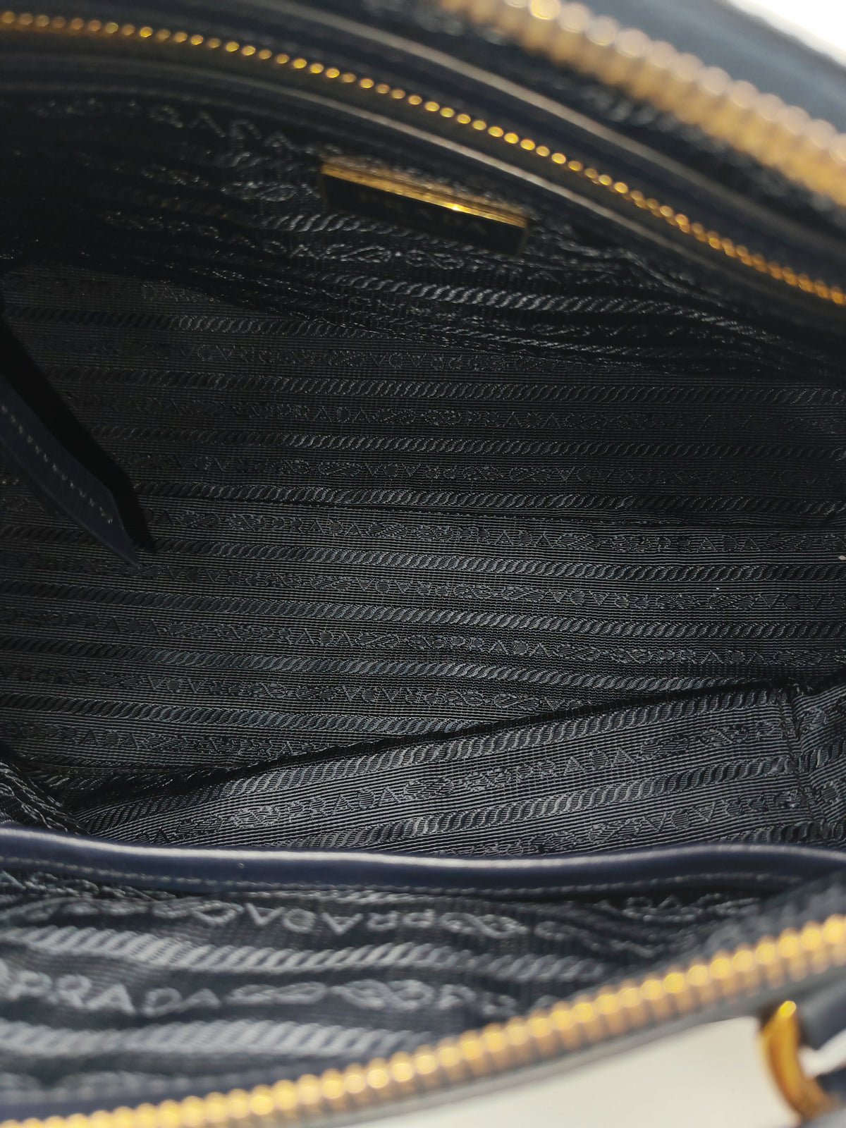 Prada 1BA104 Two-way Bag in Navy Blue Tessuto Nylon & Calfskin Leather Gold Hardware