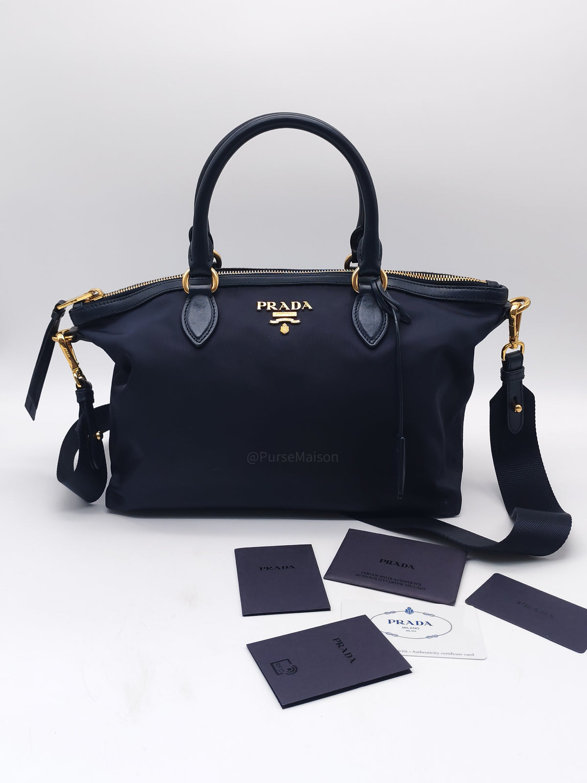 Prada 1BA104 Two-way Bag in Navy Blue Tessuto Nylon & Calfskin Leather Gold Hardware