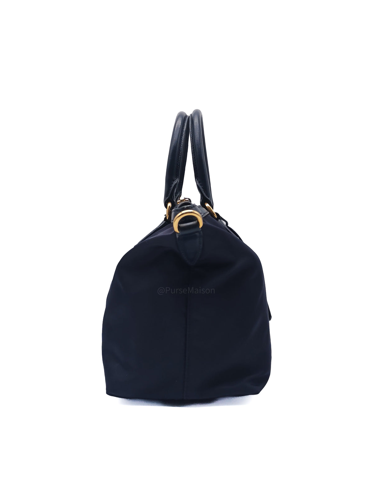 Prada 1BA104 Two-way Bag in Navy Blue Tessuto Nylon & Calfskin Leather Gold Hardware
