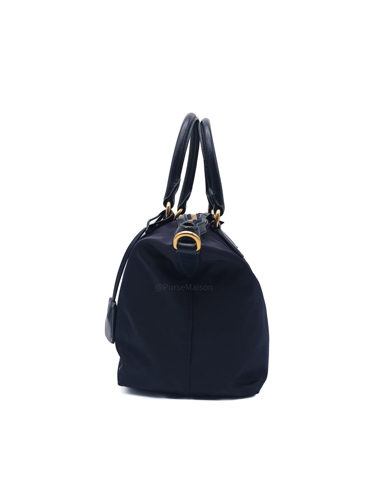 Prada 1BA104 Two-way Bag in Navy Blue Tessuto Nylon & Calfskin Leather Gold Hardware