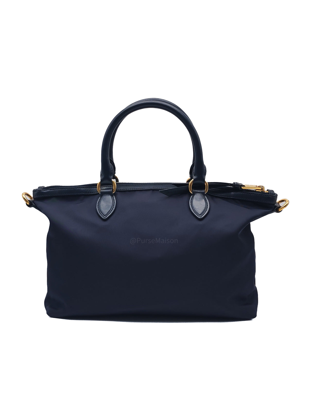 Prada 1BA104 Two-way Bag in Navy Blue Tessuto Nylon & Calfskin Leather Gold Hardware