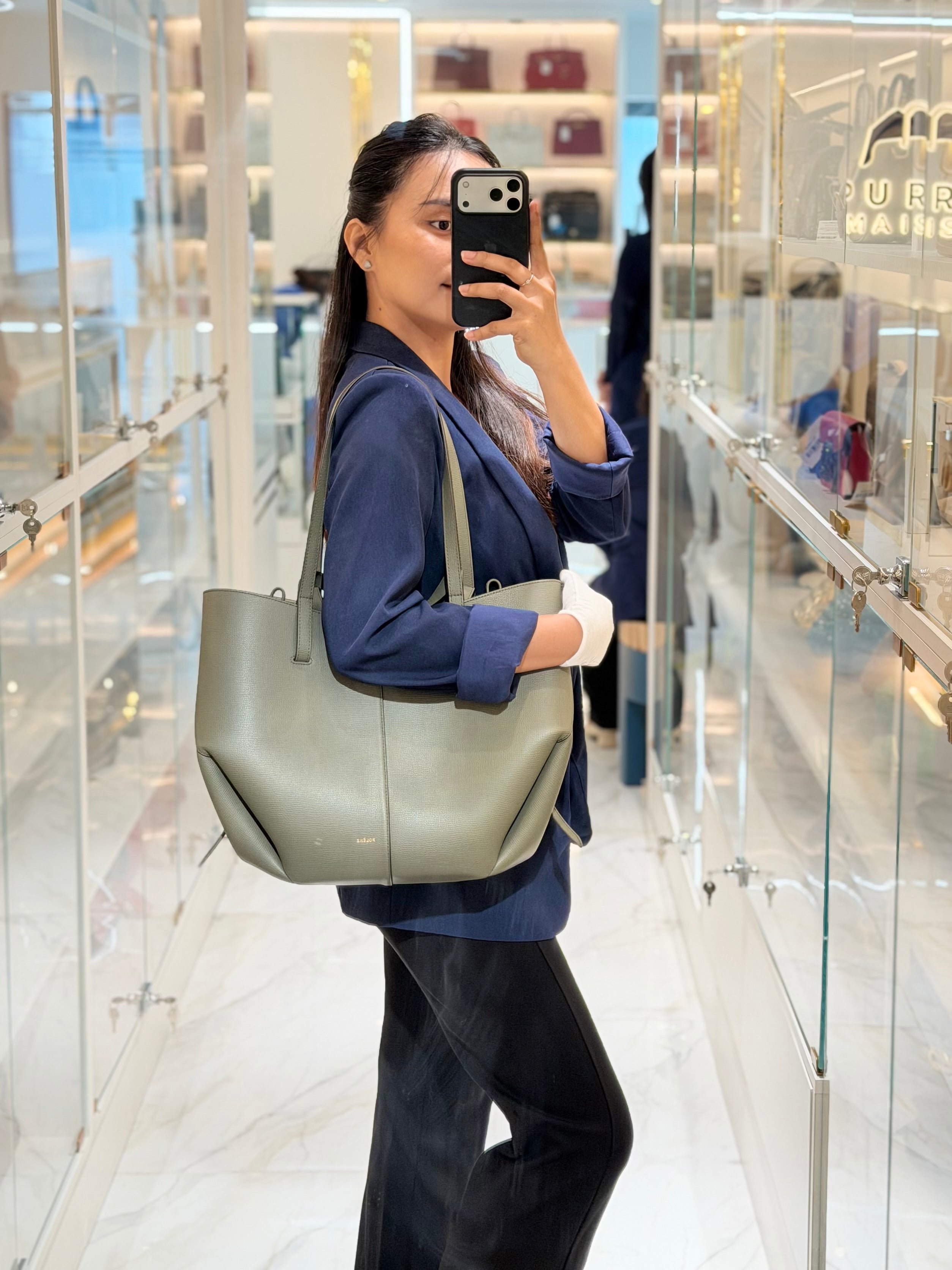Cyme Shoulder Bag Large in Smoky Green Texture Leather | Purse Maison Luxury Bags Shop