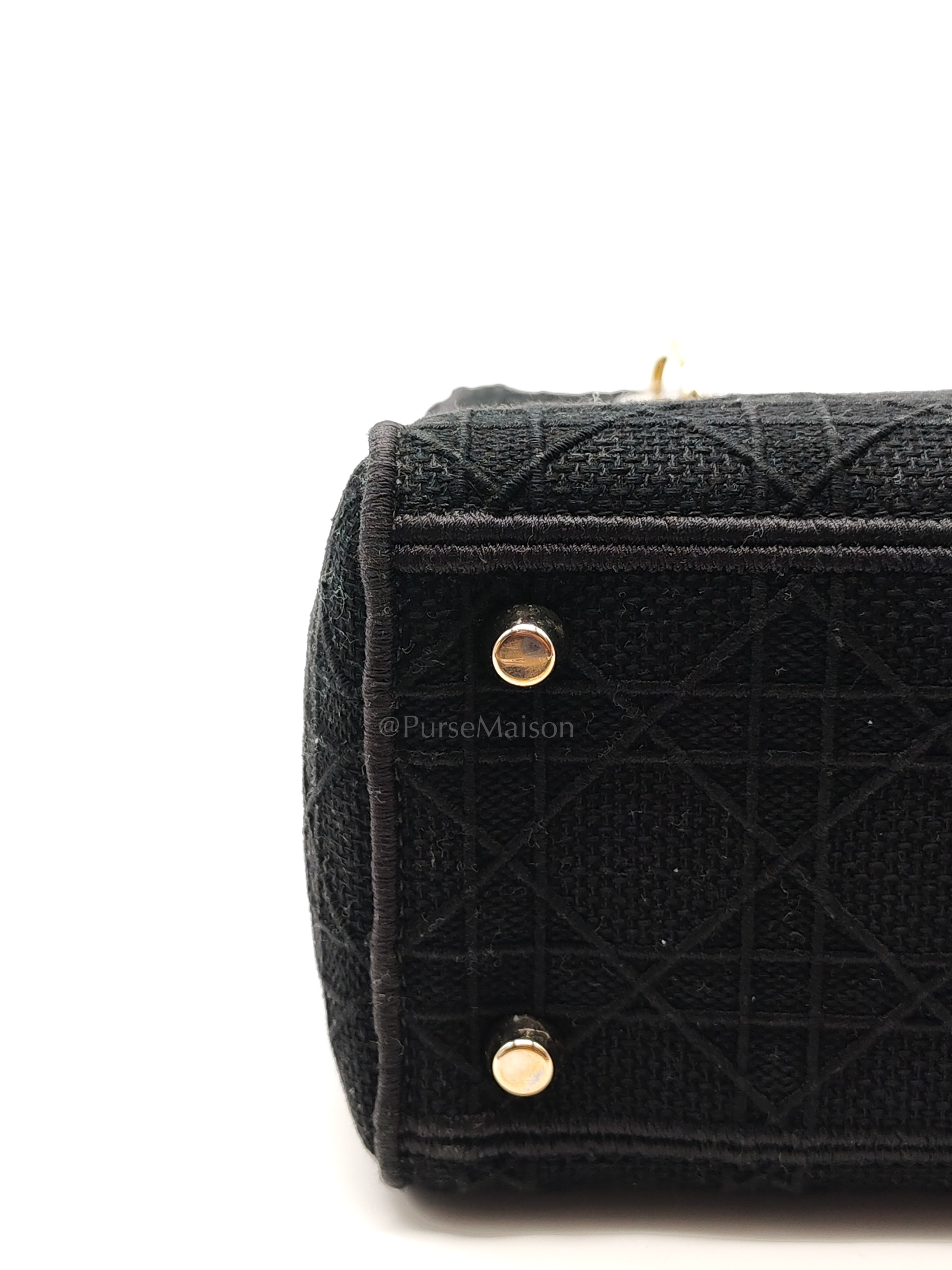 D-Lite Medium in Black Embroidered Canvas & Light Gold Hardware | Purse Maison Luxury Bags Shop