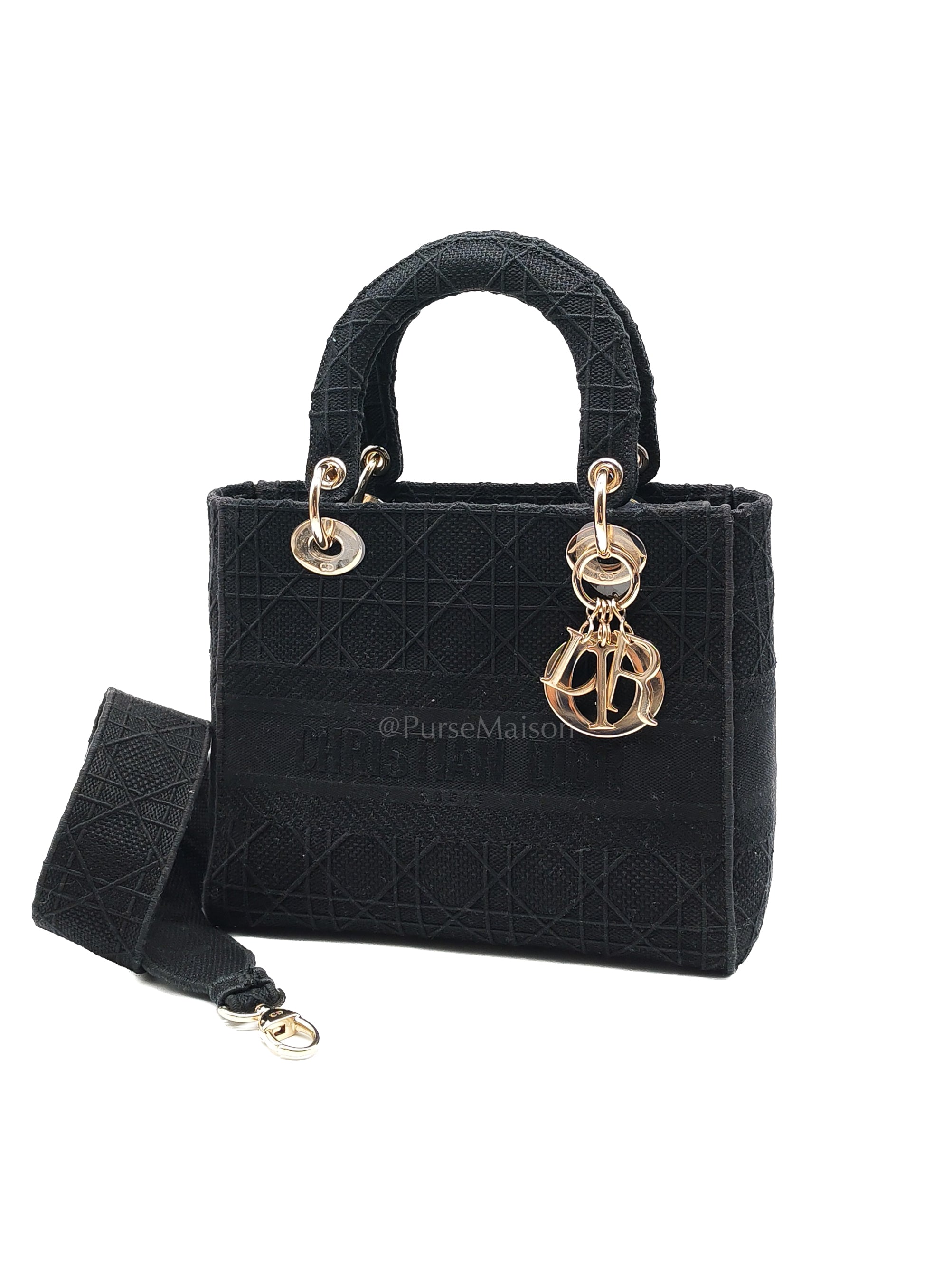 D-Lite Medium in Black Embroidered Canvas & Light Gold Hardware | Purse Maison Luxury Bags Shop