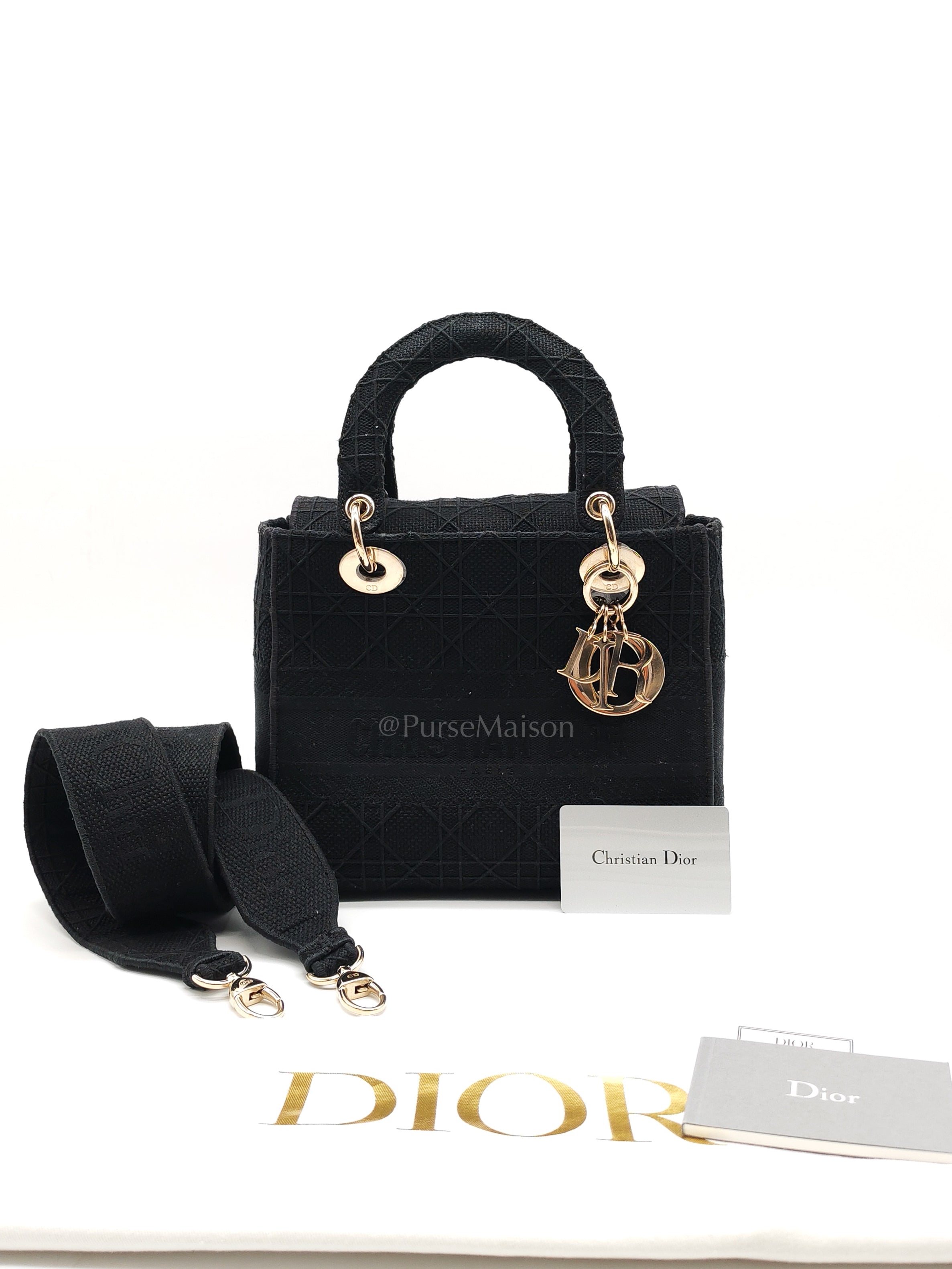 D-Lite Medium in Black Embroidered Canvas & Light Gold Hardware | Purse Maison Luxury Bags Shop