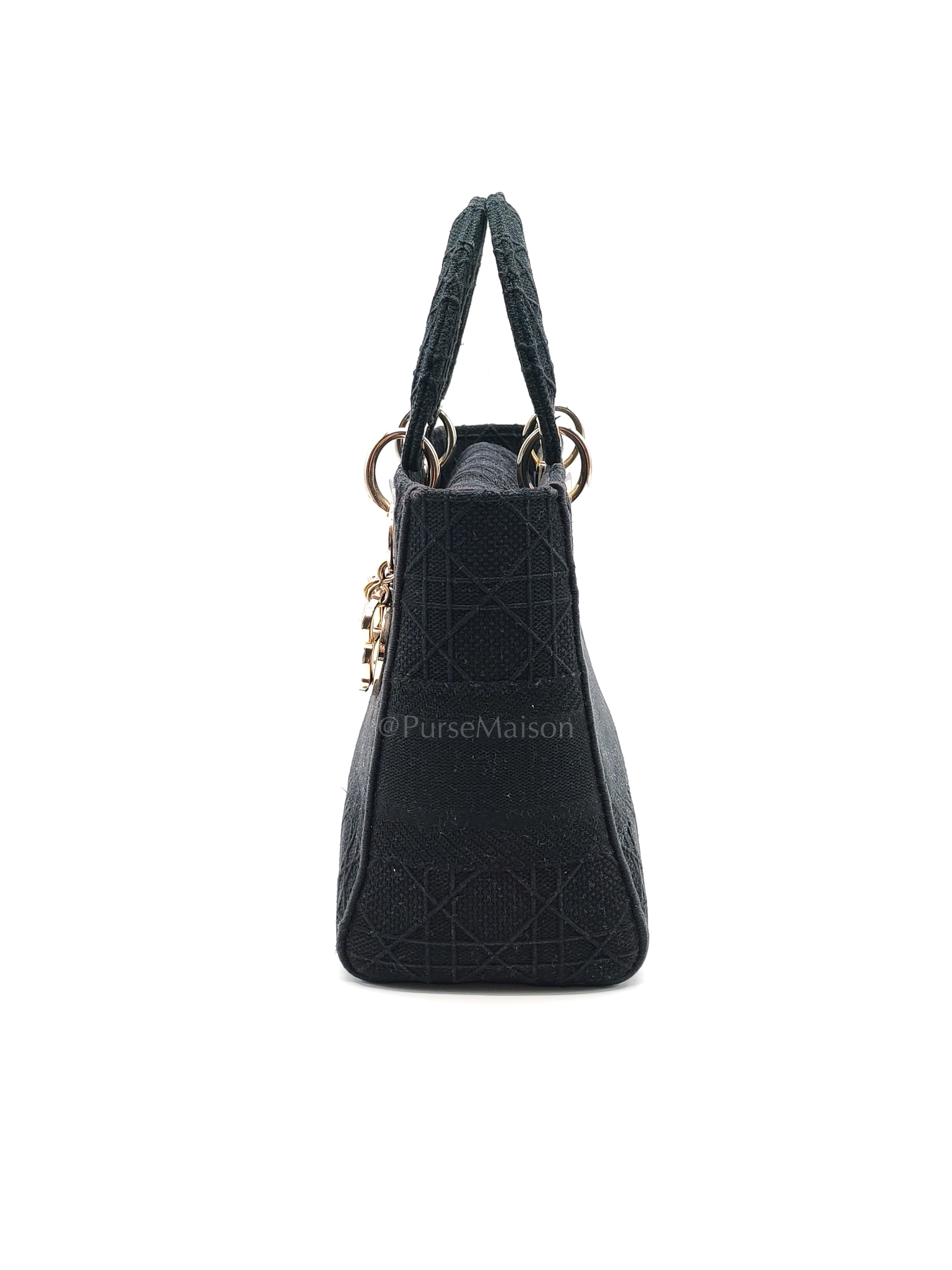 D-Lite Medium in Black Embroidered Canvas & Light Gold Hardware | Purse Maison Luxury Bags Shop