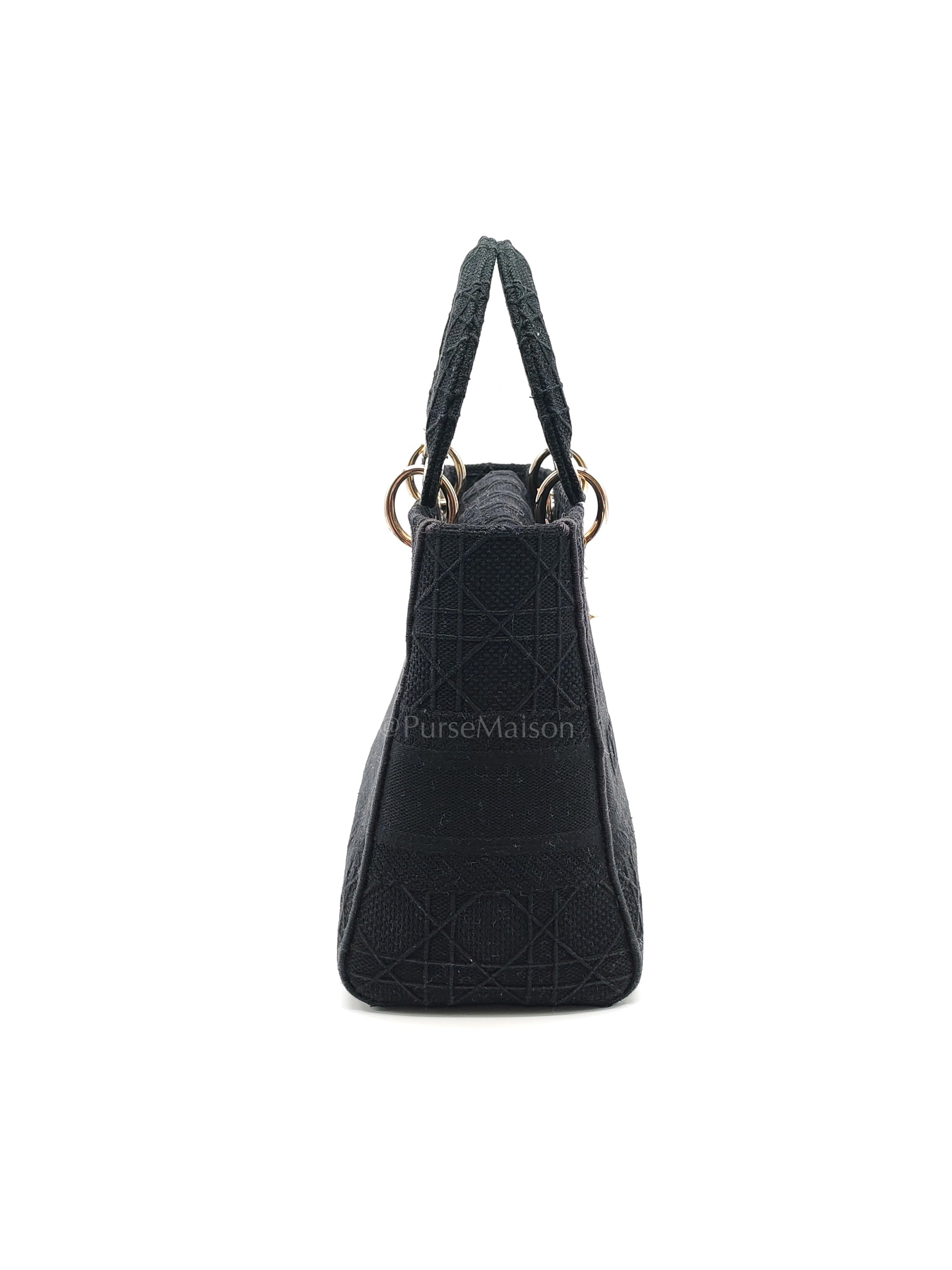 D-Lite Medium in Black Embroidered Canvas & Light Gold Hardware | Purse Maison Luxury Bags Shop