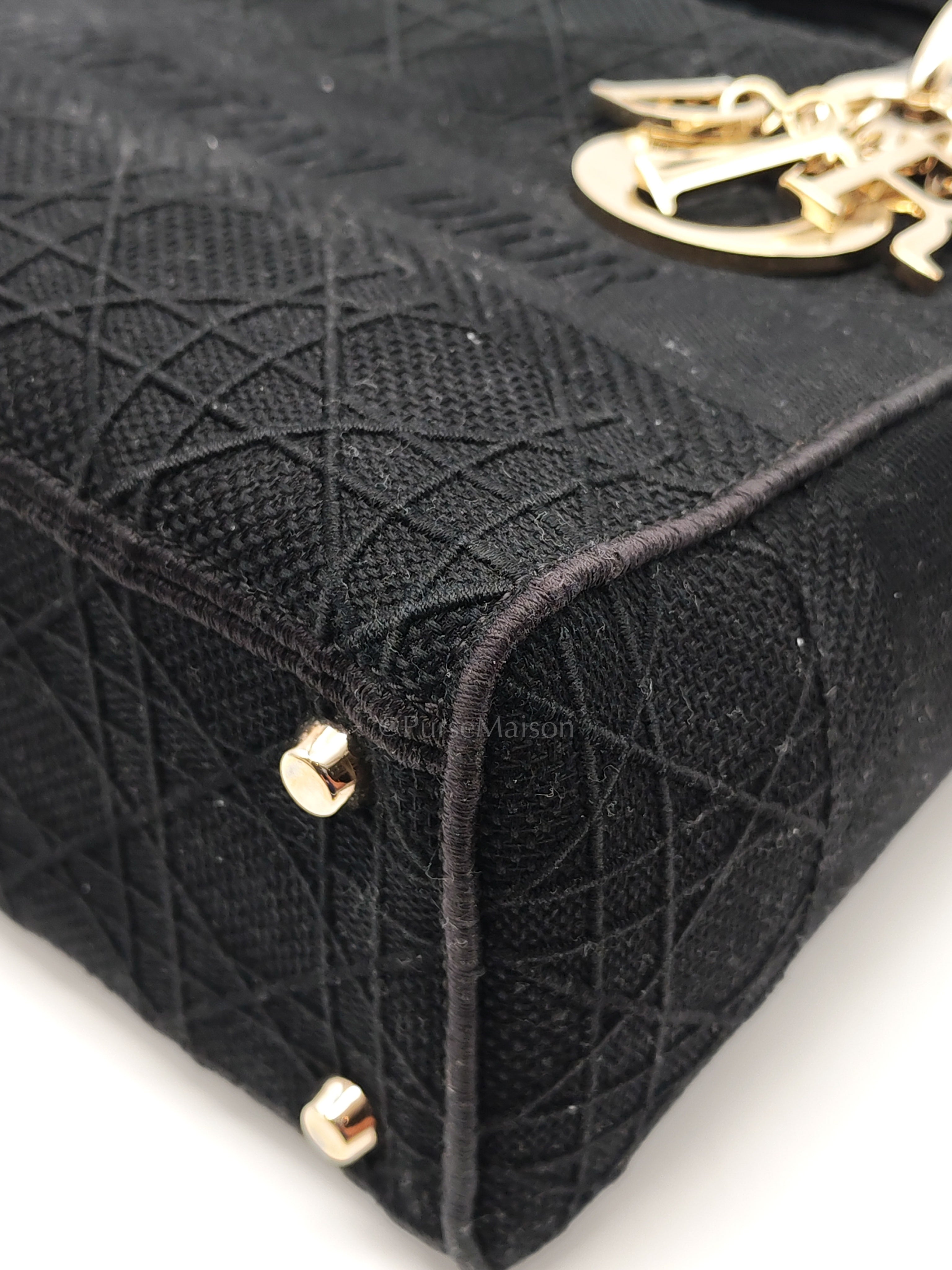 D-Lite Medium in Black Embroidered Canvas & Light Gold Hardware | Purse Maison Luxury Bags Shop