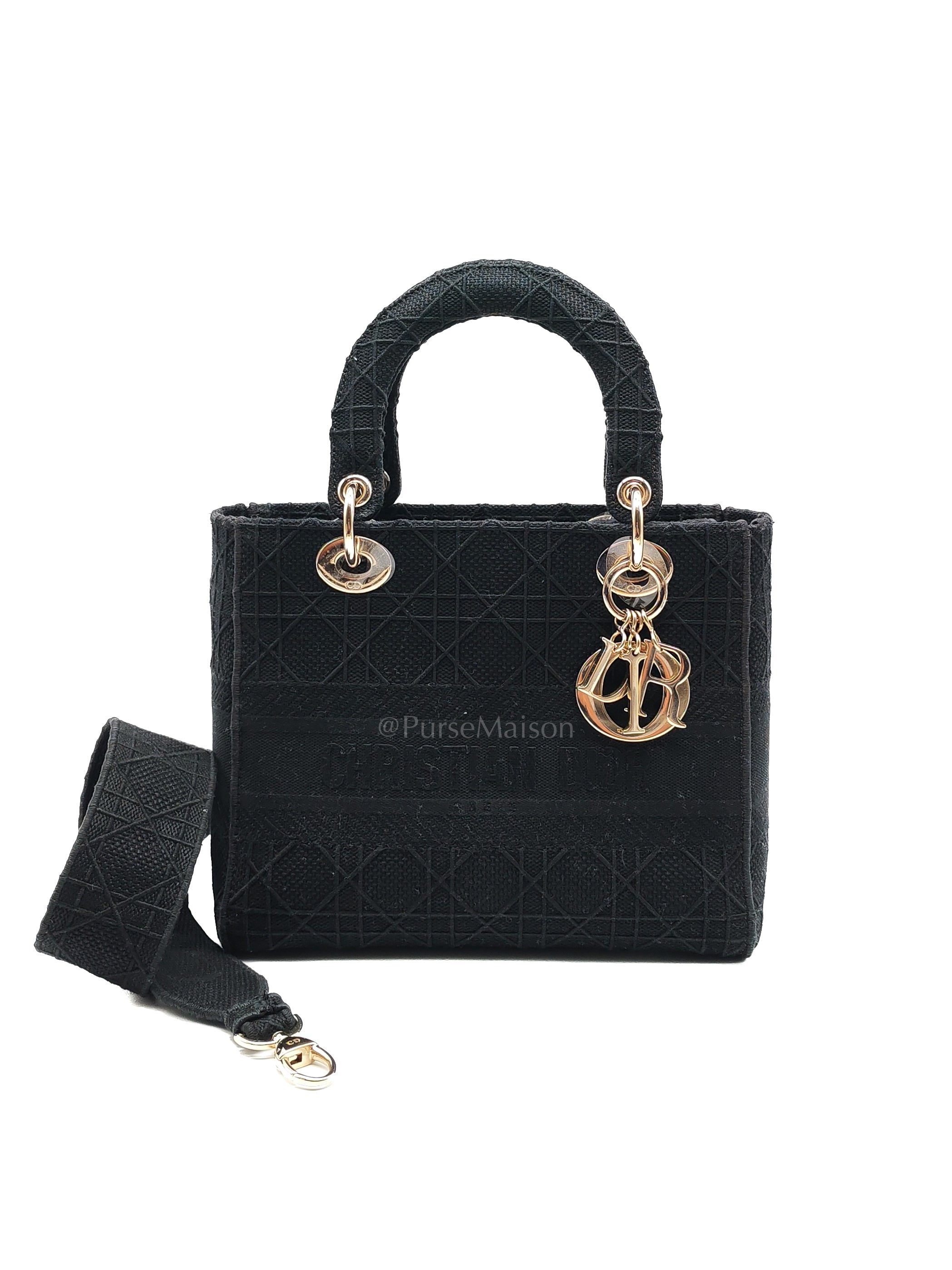 D-Lite Medium in Black Embroidered Canvas & Light Gold Hardware | Purse Maison Luxury Bags Shop