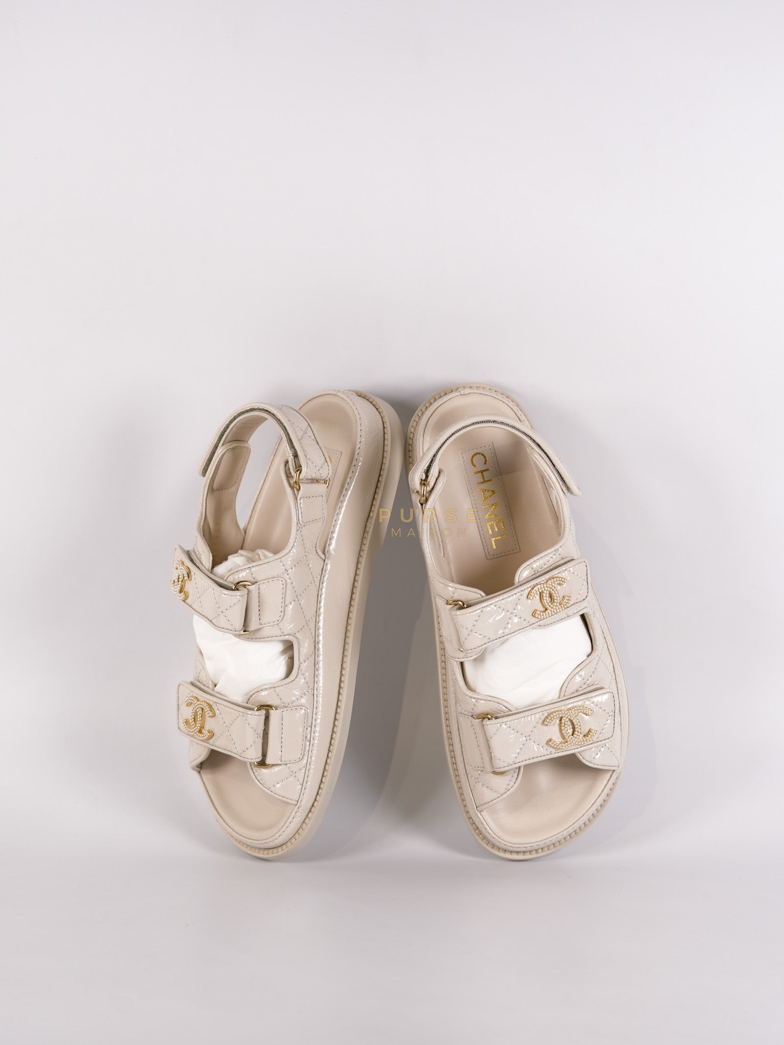 Dad Sandals/ Mandals Light Grey in Shiny Calfskin Leather Size 37.5 (26 cm) | Purse Maison Luxury Bags Shop