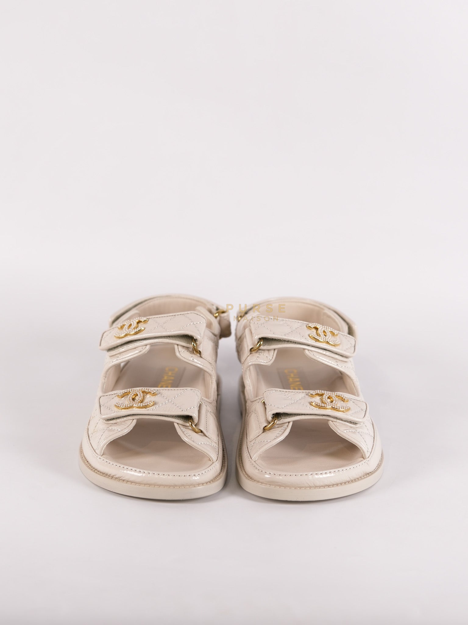 Dad Sandals/ Mandals Light Grey in Shiny Calfskin Leather Size 37.5 (26 cm) | Purse Maison Luxury Bags Shop