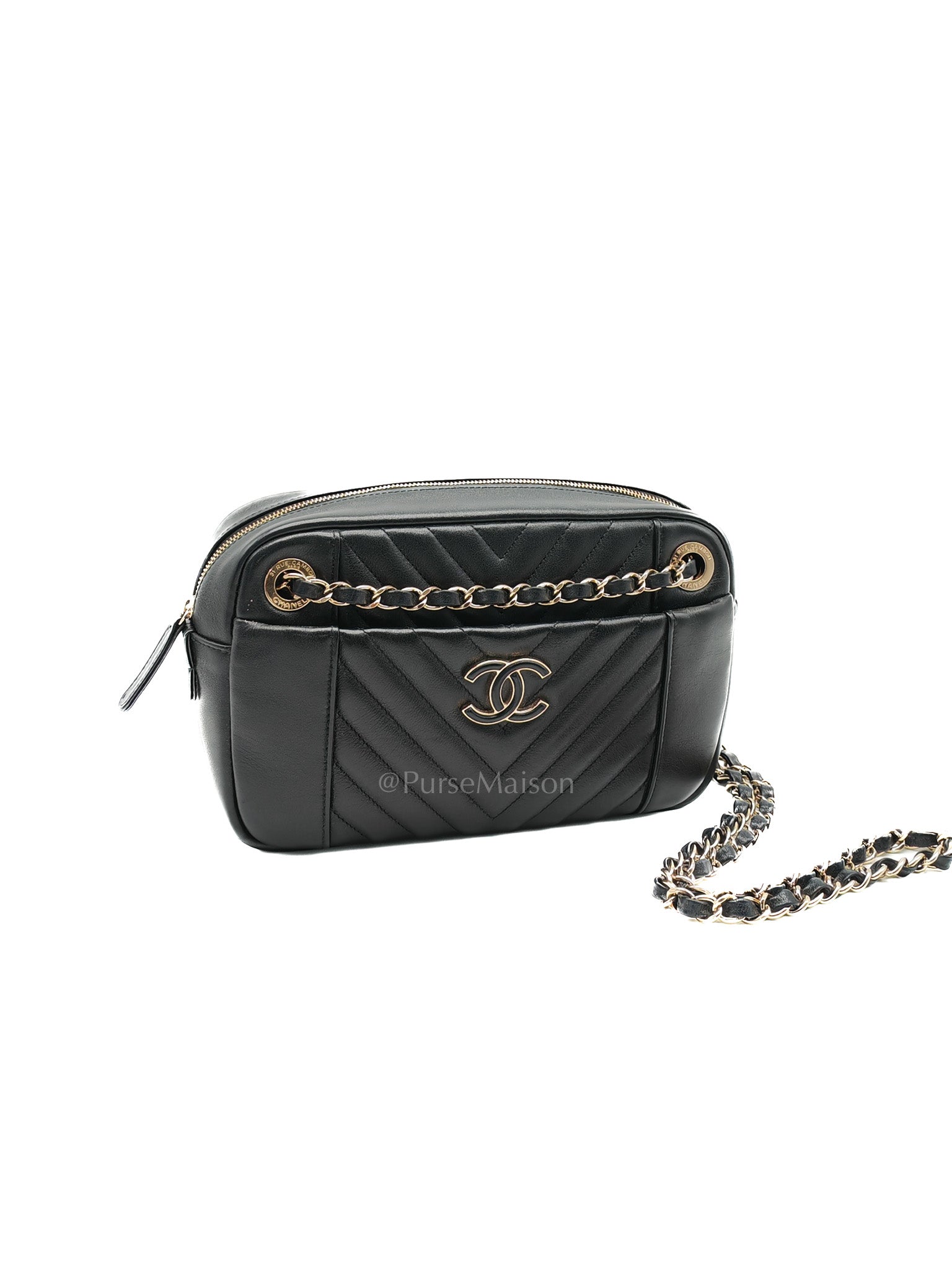 Chanel Chevron Daily Camera Case Bag in Black Calfskin Leather and Light Gold Hardware Series 27