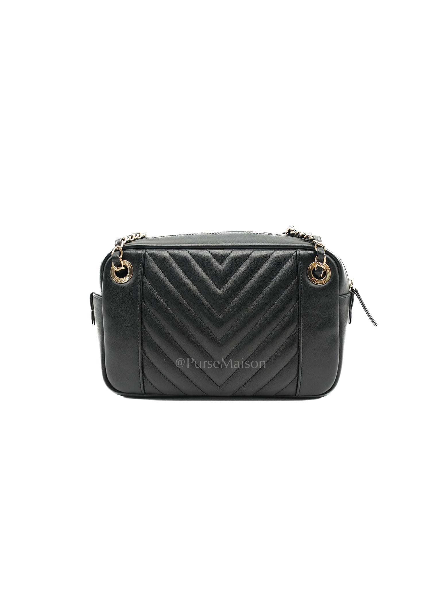 Chanel Chevron Daily Camera Case Bag in Black Calfskin Leather and Light Gold Hardware Series 27