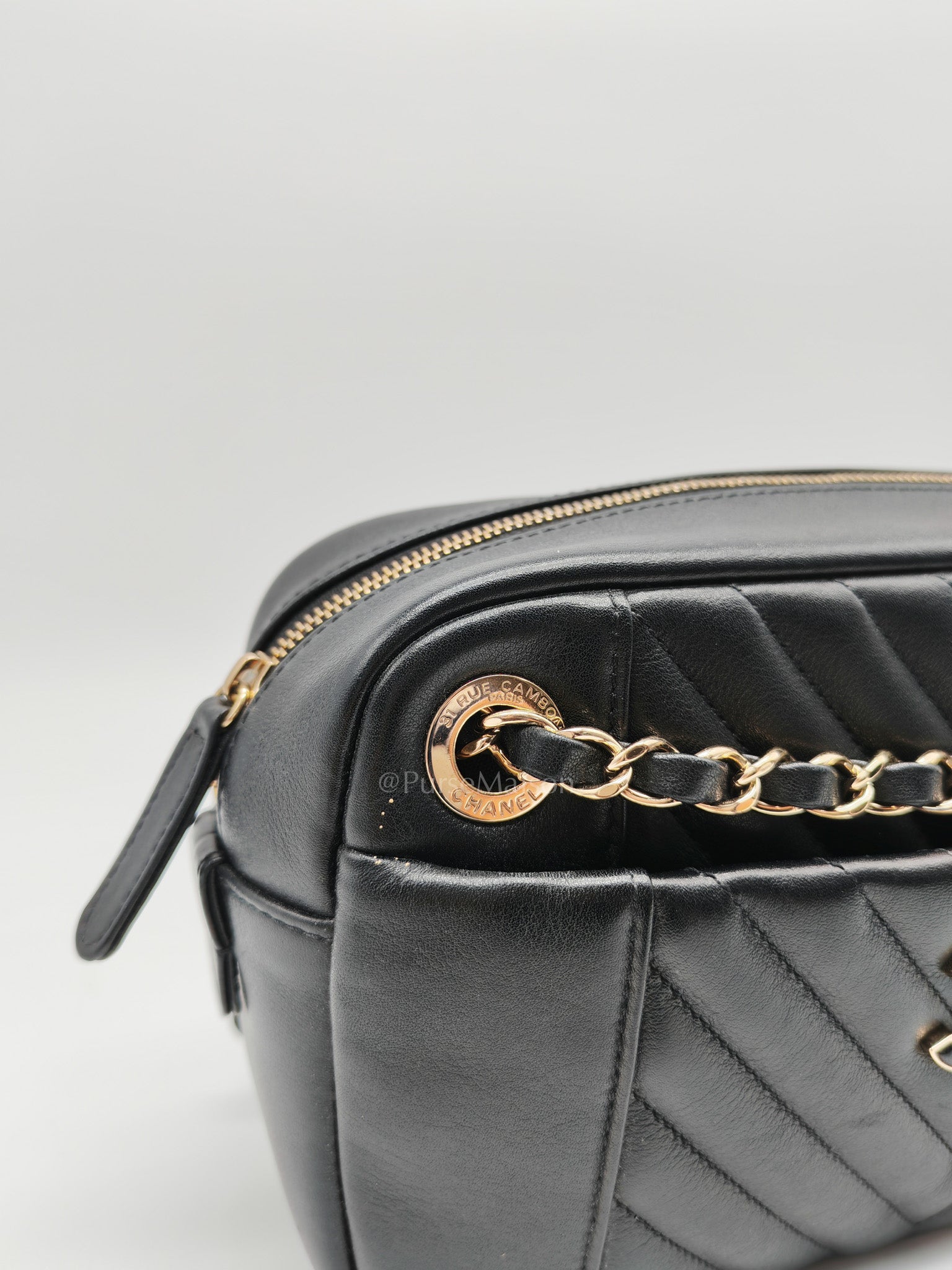 Chanel Chevron Daily Camera Case Bag in Black Calfskin Leather and Light Gold Hardware Series 27