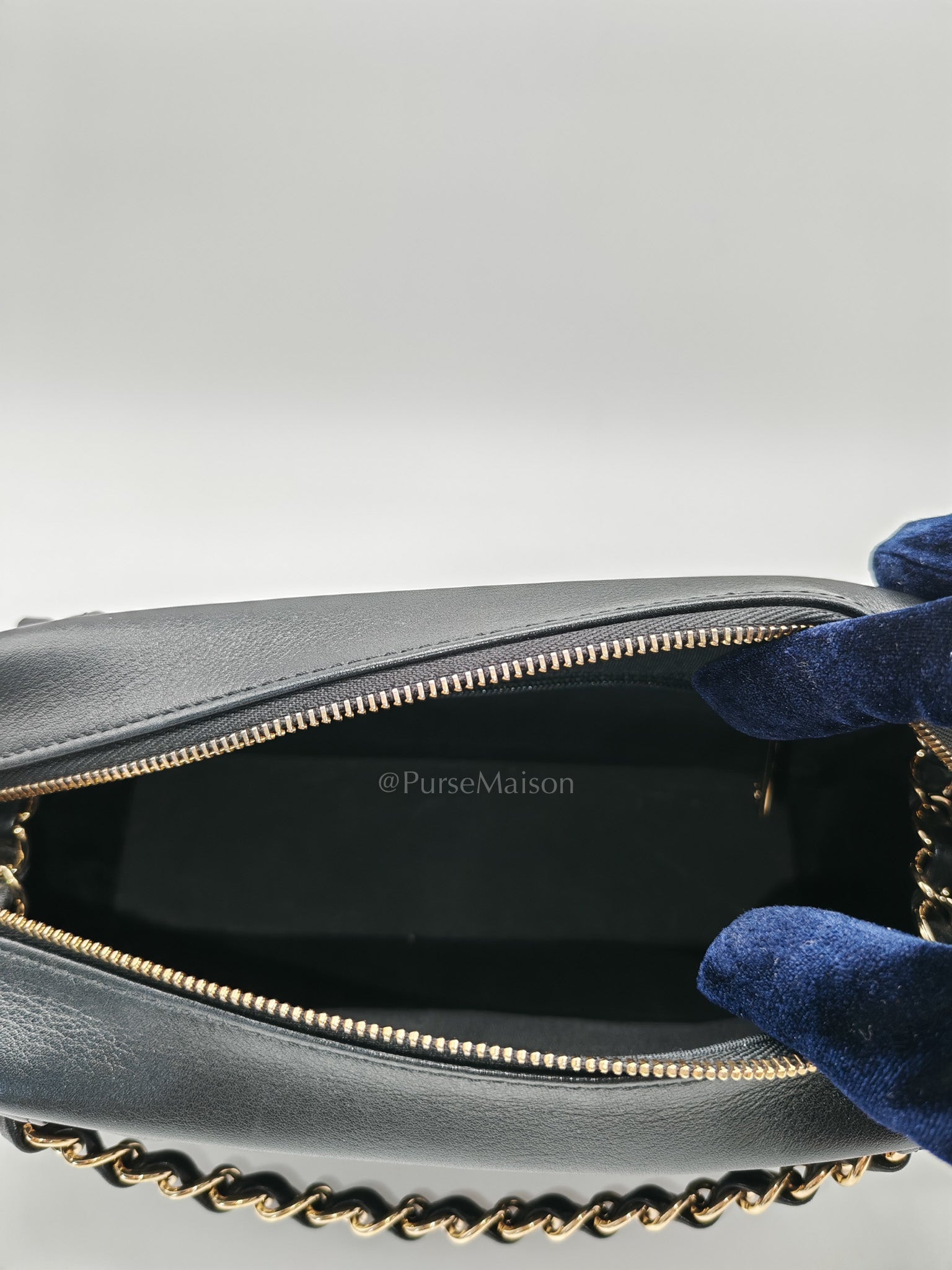 Chanel Chevron Daily Camera Case Bag in Black Calfskin Leather and Light Gold Hardware Series 27