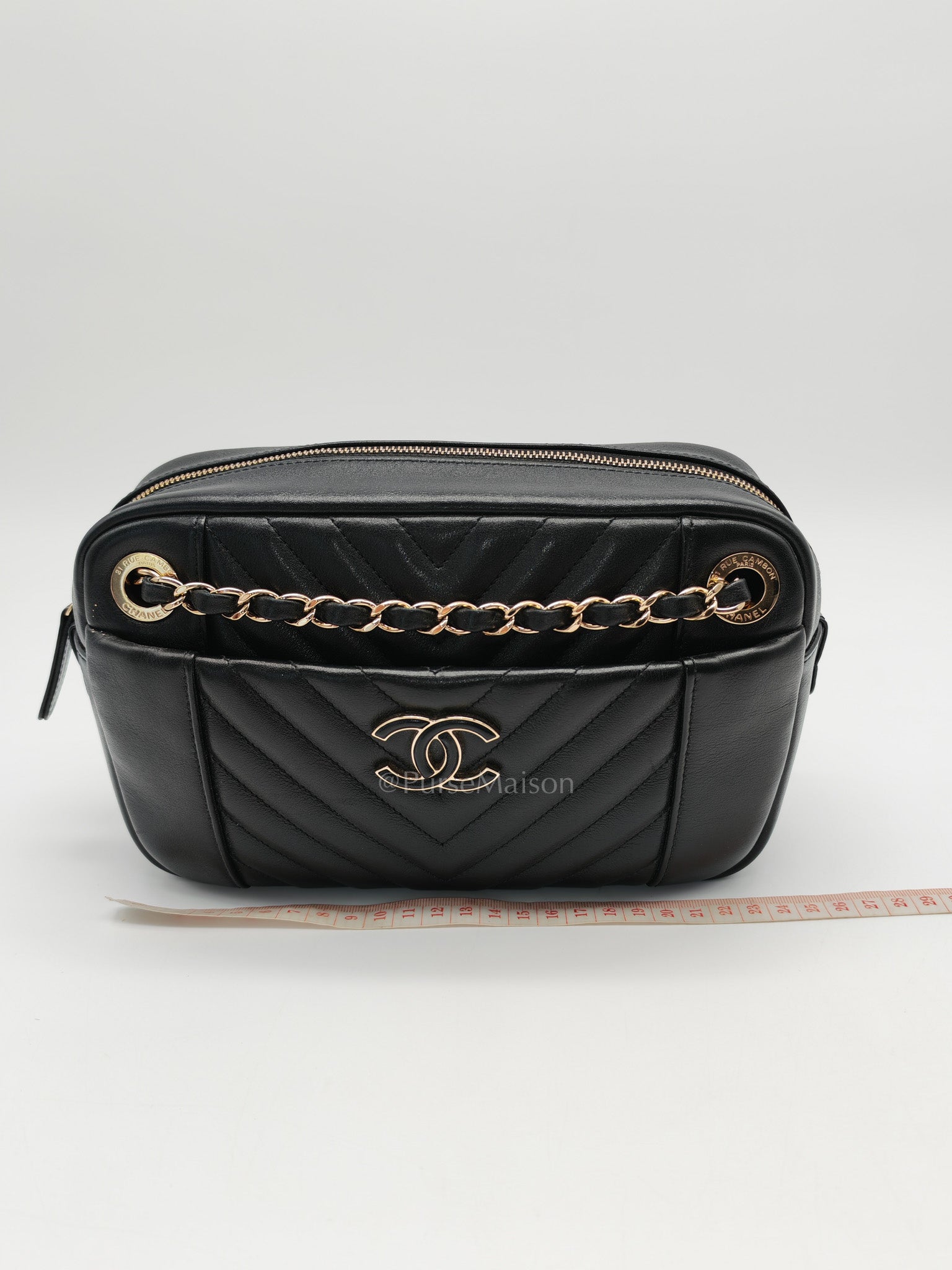 Chanel Chevron Daily Camera Case Bag in Black Calfskin Leather and Light Gold Hardware Series 27