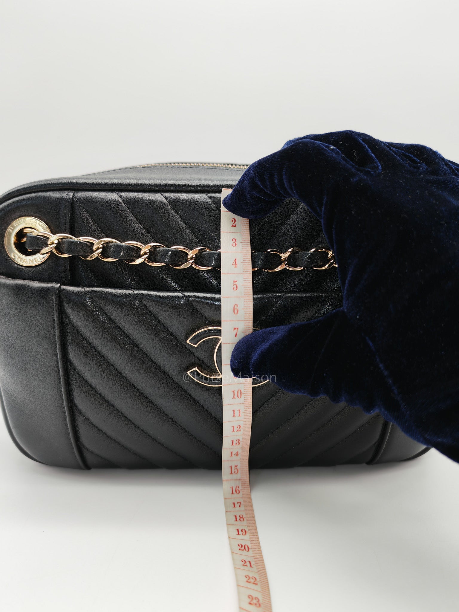 Chanel Chevron Daily Camera Case Bag in Black Calfskin Leather and Light Gold Hardware Series 27
