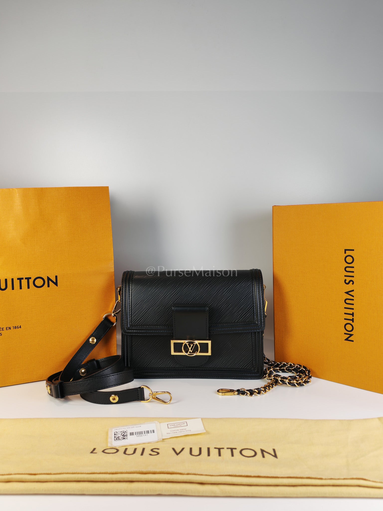 Dauphine MM in Black Epi Leather Shoulder Bag (Microchip) | Purse Maison Luxury Bags Shop