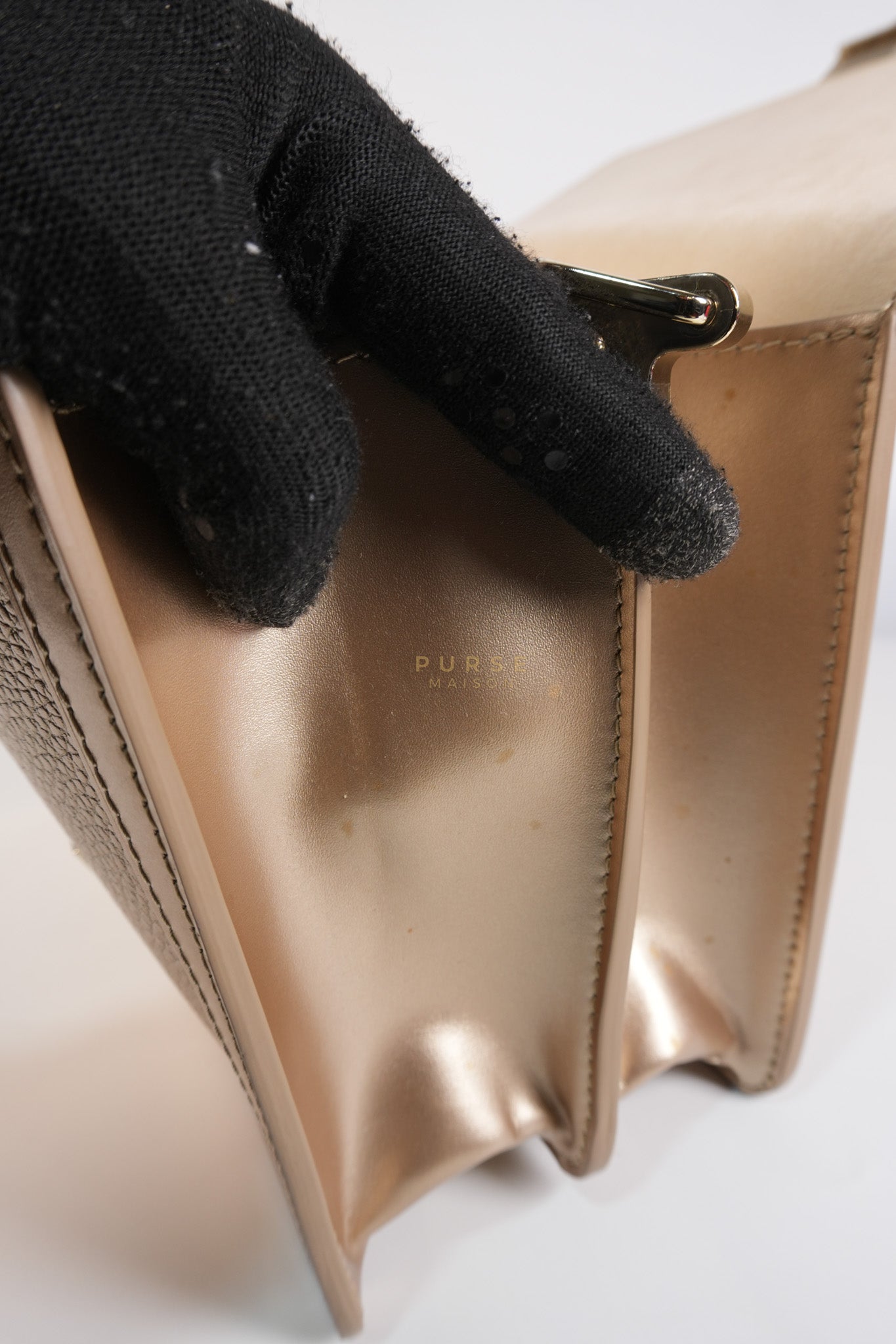 Dauphine PM in Metallic Gold Grained Calfskin Leather (Microchip) | Purse Maison Luxury Bags Shop