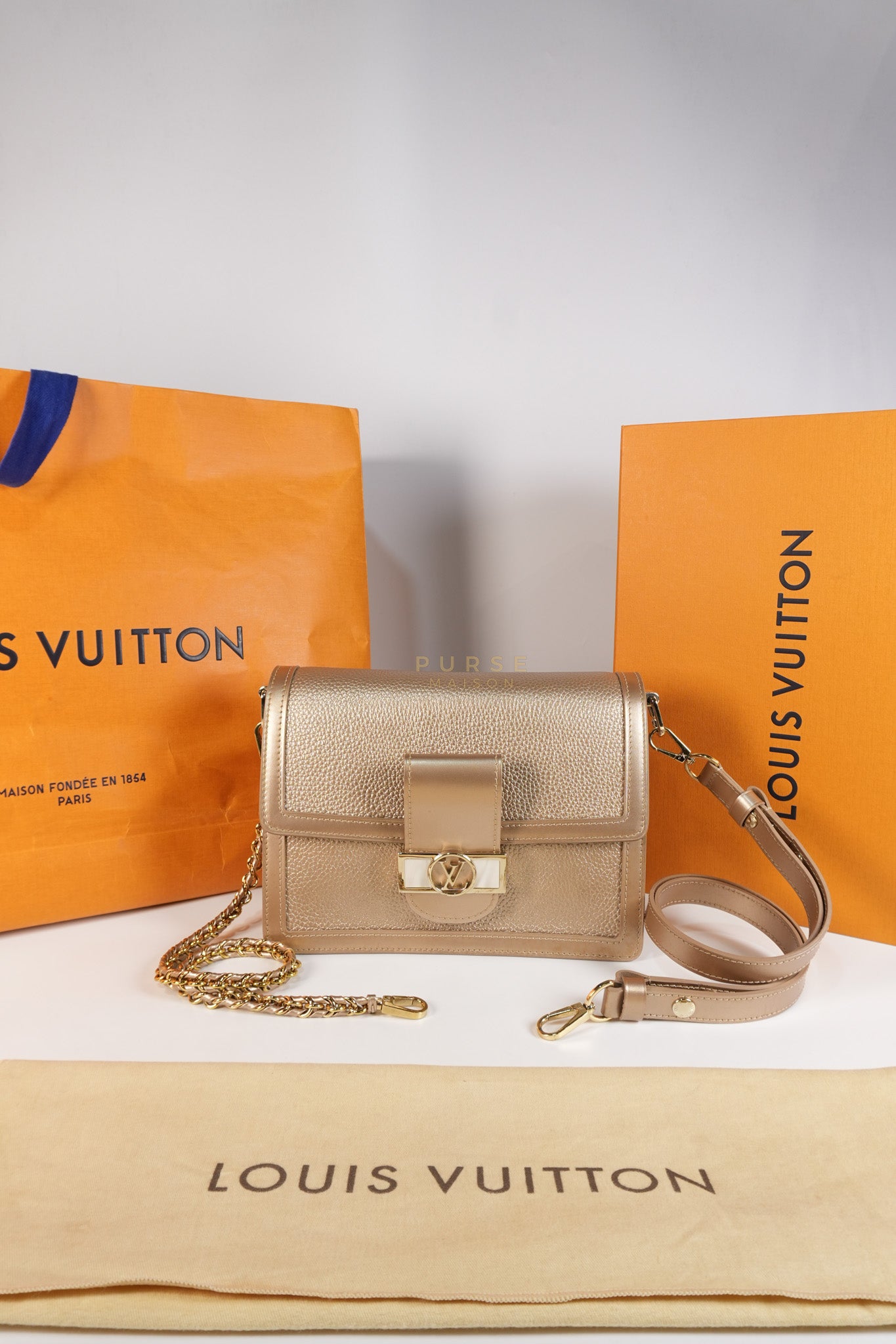 Dauphine PM in Metallic Gold Grained Calfskin Leather (Microchip) | Purse Maison Luxury Bags Shop