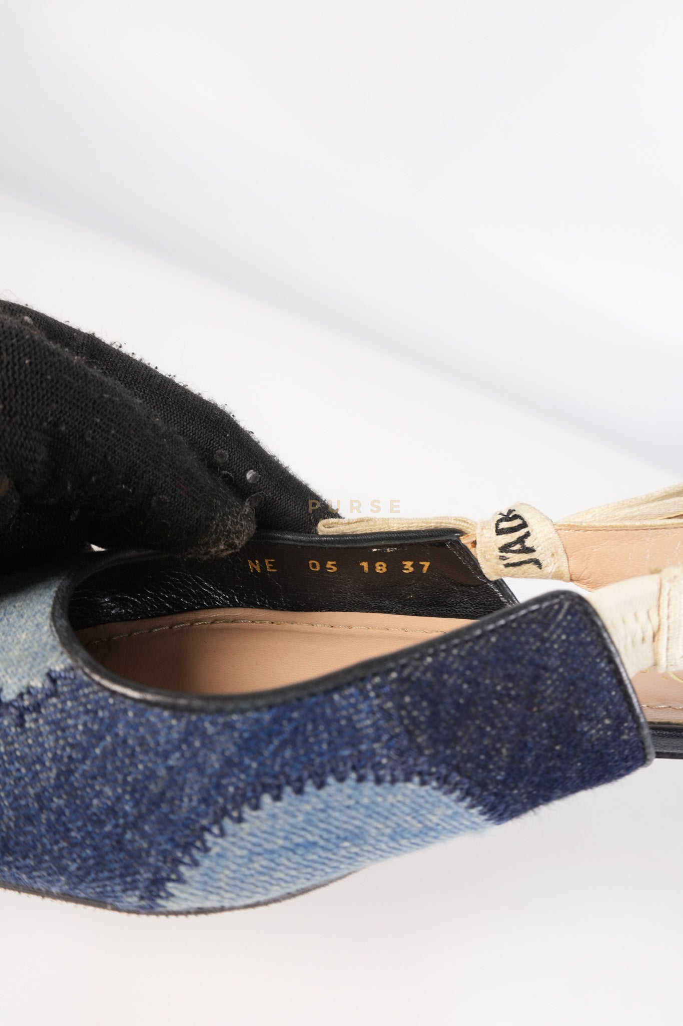 Denim Ribbon Patchwork J'Adior Slingback Ballet Flats Size 37EU (23.5 cm) | Purse Maison Luxury Bags Shop