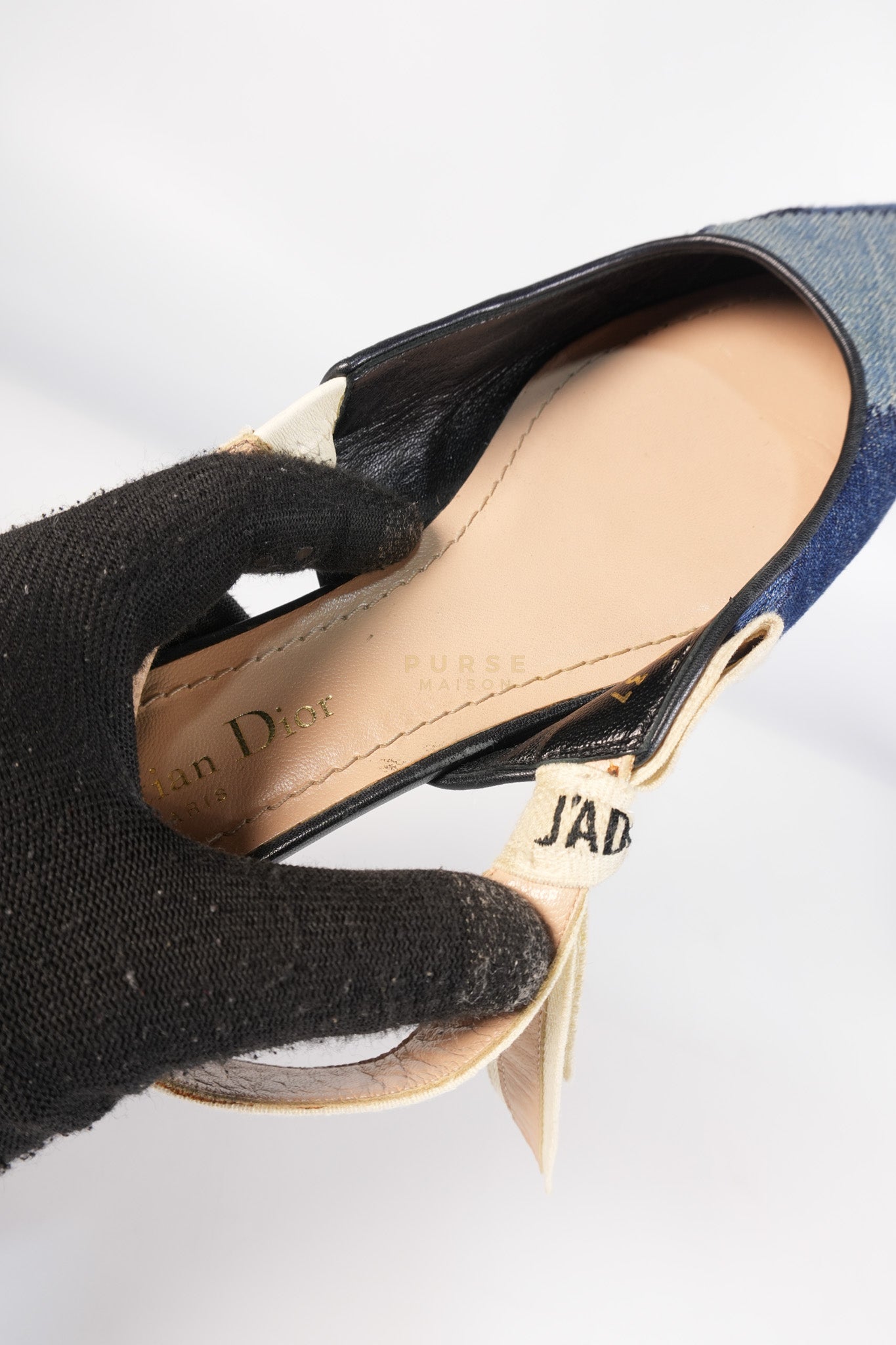 Denim Ribbon Patchwork J'Adior Slingback Ballet Flats Size 37EU (23.5 cm) | Purse Maison Luxury Bags Shop