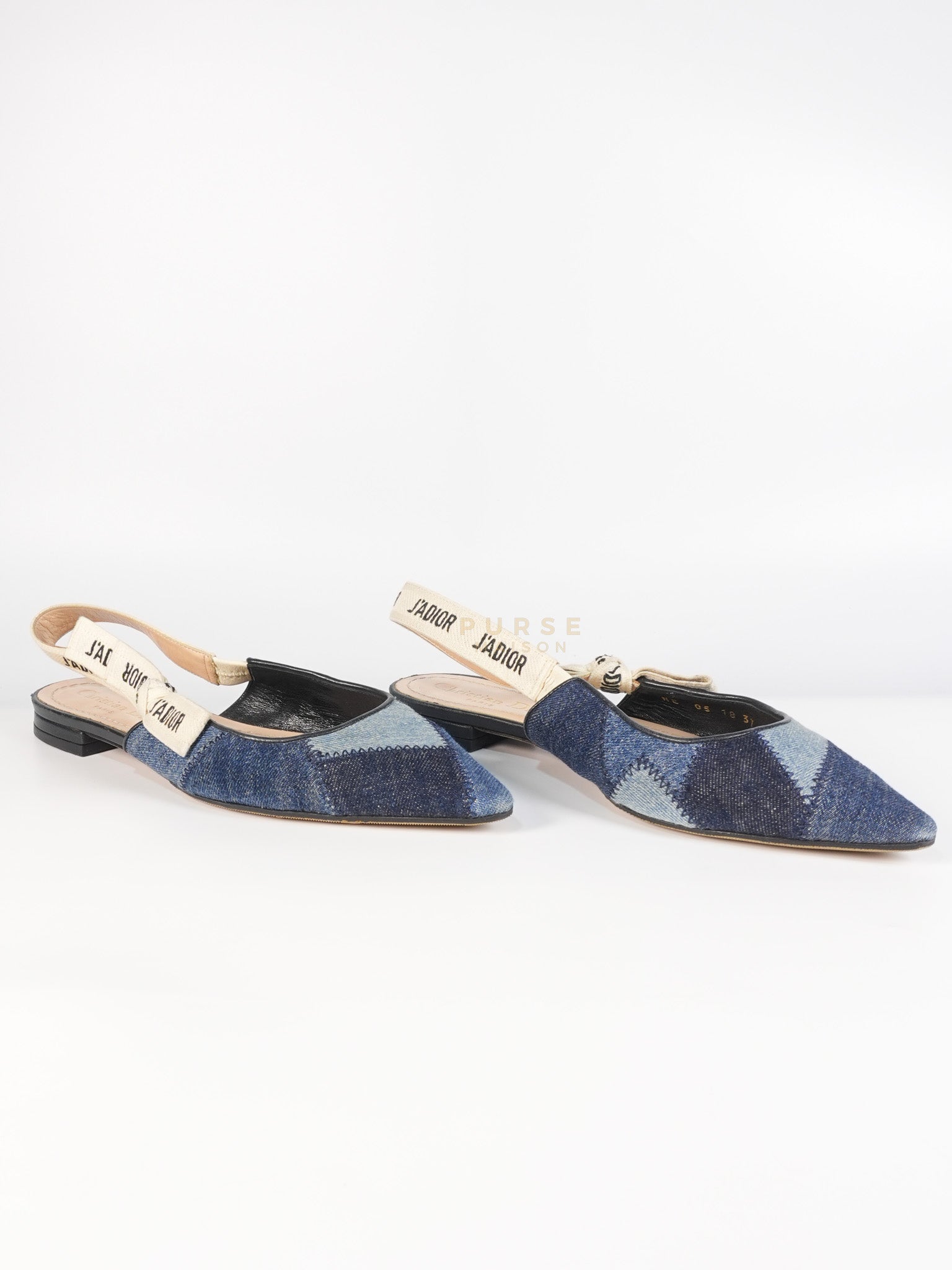 Denim Ribbon Patchwork J'Adior Slingback Ballet Flats Size 37EU (23.5 cm) | Purse Maison Luxury Bags Shop